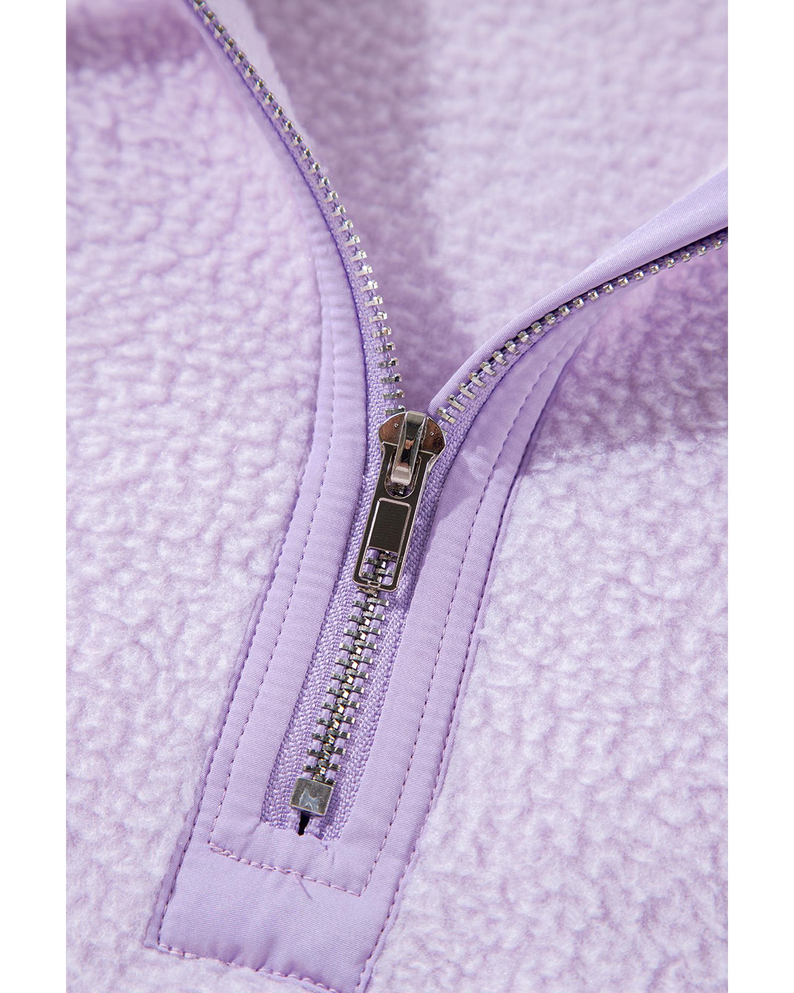 V539-AZEXDC25316973-P908-L-202508300525-00 Lavendula Zipped Patch Pocket Fuzzy Drawstring Hoodie - L - Image 1