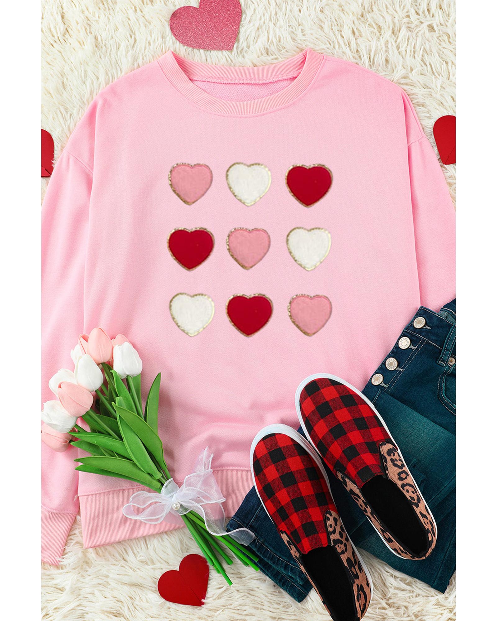 V539-AZEXDC25317072-10-S-202508281345-00 Pink Glitter Chenille Heart Patch Valentines Sweatshirt - S - Image 1