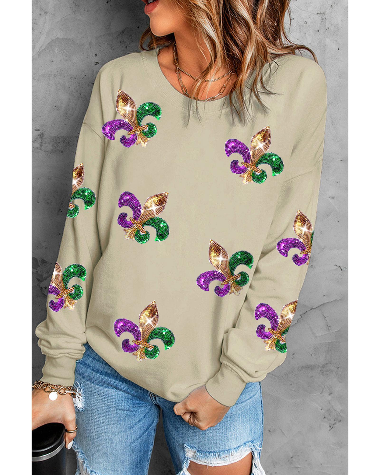V539-AZEXDC25317084-16-S-202506130317-00 Khaki Sequin Mardi Gras Graphic Pullover Sweatshirt - S - Image 1