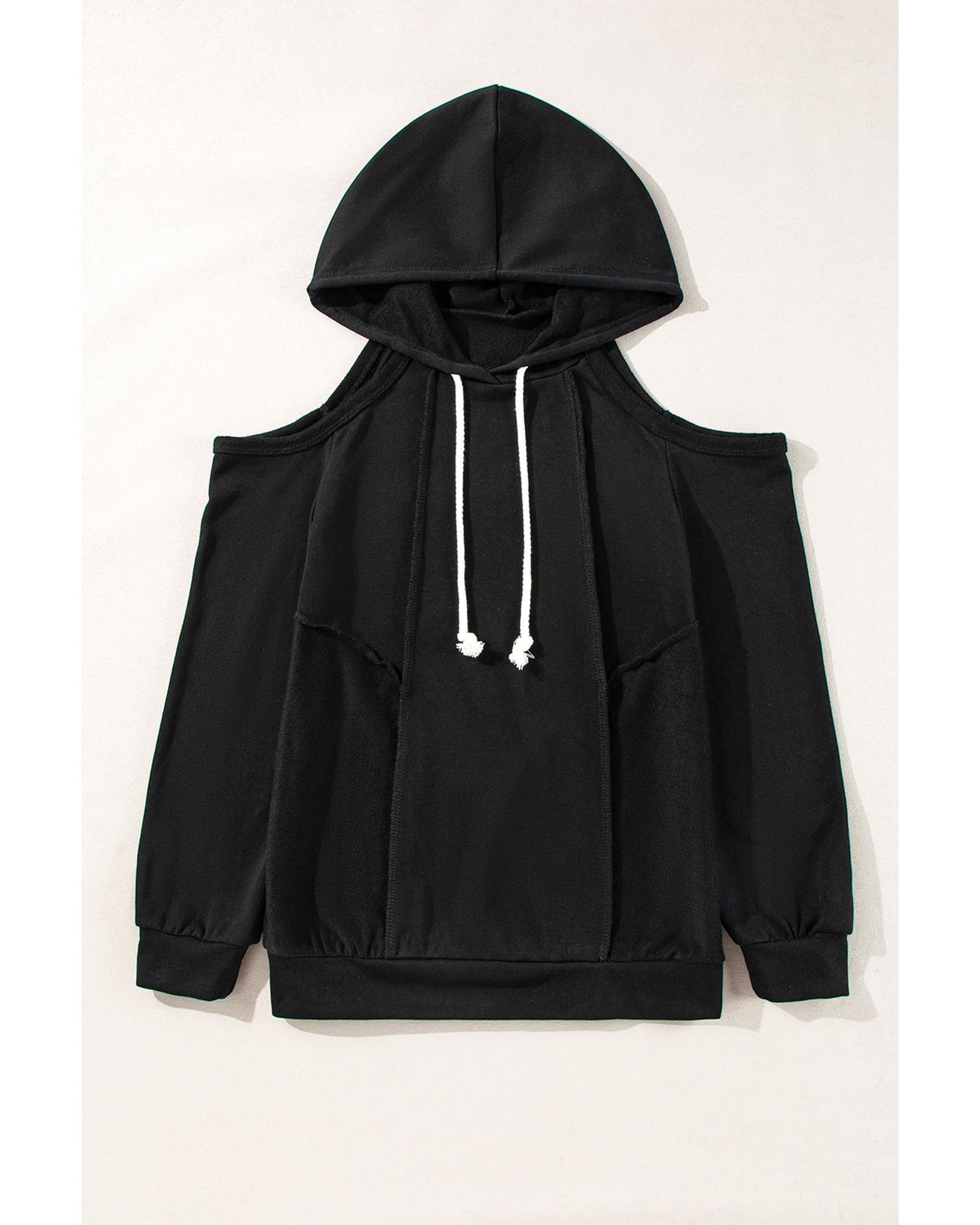 V539-AZEXDC25317116-P2-M-202508280615-00 Black Exposed Seam Cold Shoulder Drawstring Hoodie - M - Image 1