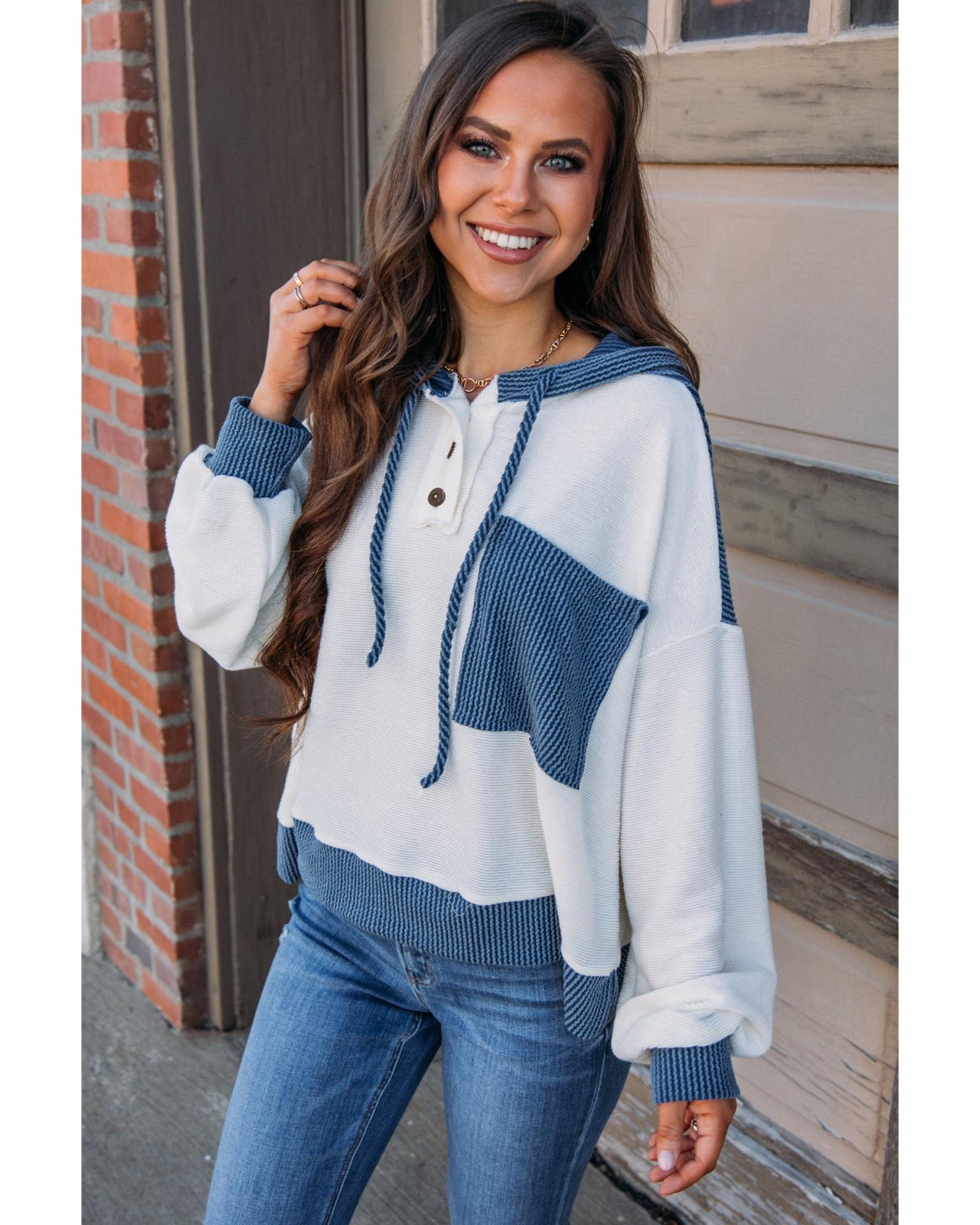 V539-AZEXDC25317119-P1-XL-202508282305-00 White Corded Colorblock Patch Pocket Drawstring Hooded Top - XL - Image 1