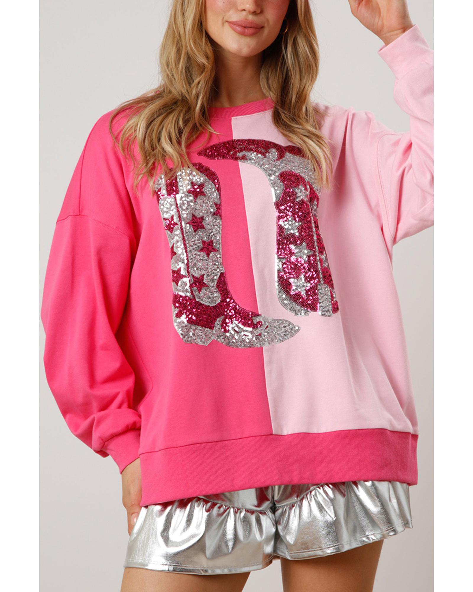 V539-AZEXDC25317172-P1022-S-202506130342-00 Pink Color Block Sequined Cowgirl Boots Graphic Sweatshirt - S - Image 1