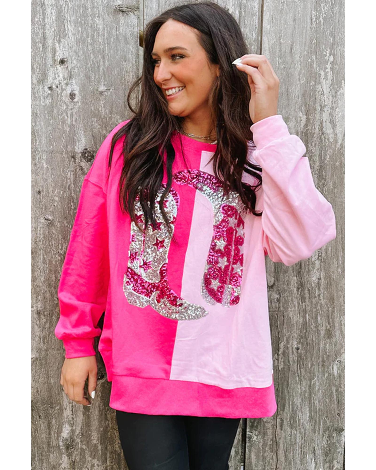 V539-AZEXDC25317172-P1022-XL-202508281325-00 Pink Color Block Sequined Cowgirl Boots Graphic Sweatshirt - XL - Image 1