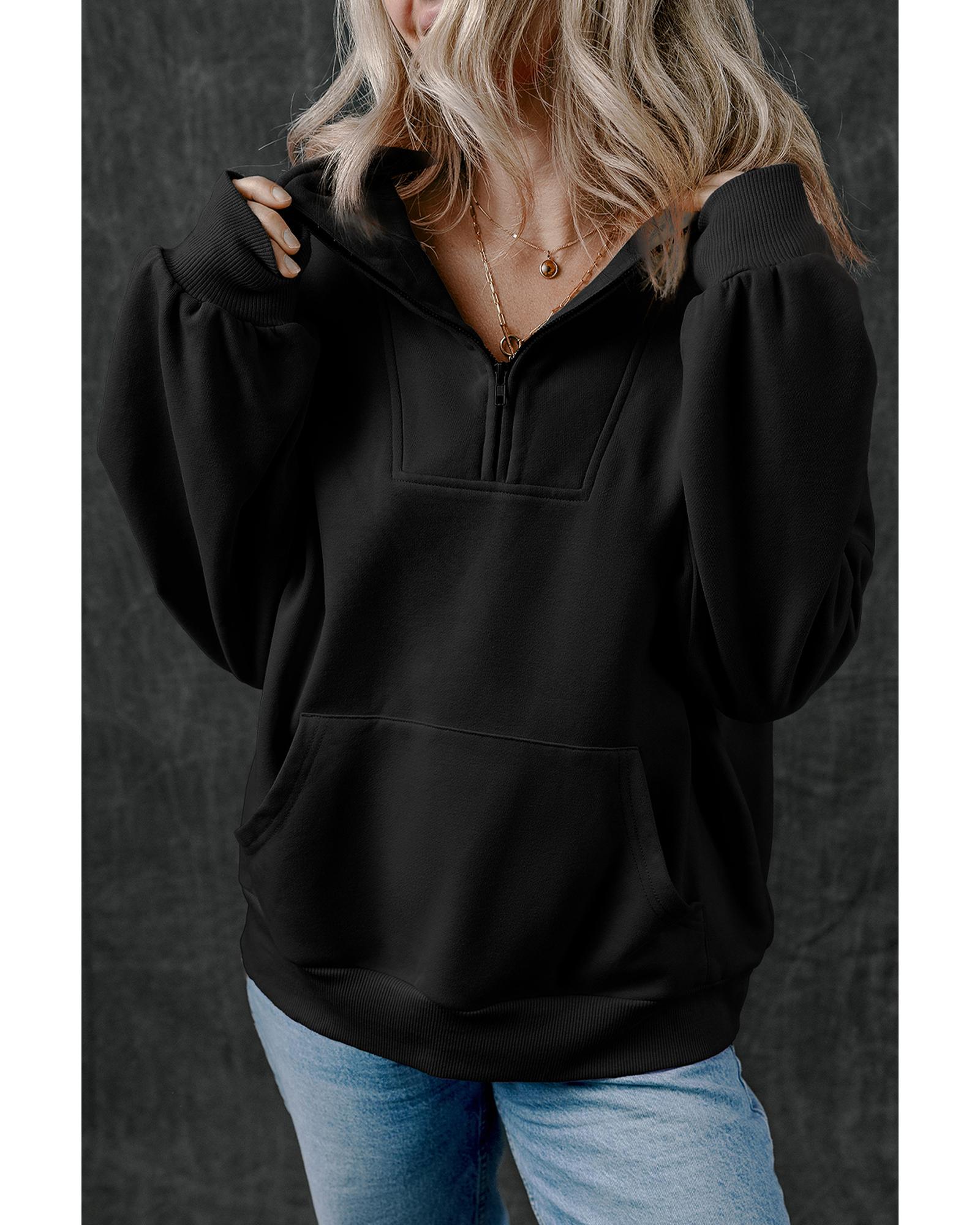 V539-AZEXDC25317277-P2-M-202506130531-00 Black Zip-up Stand Neck Kangaroo Pocket Sweatshirt - M - Image 1