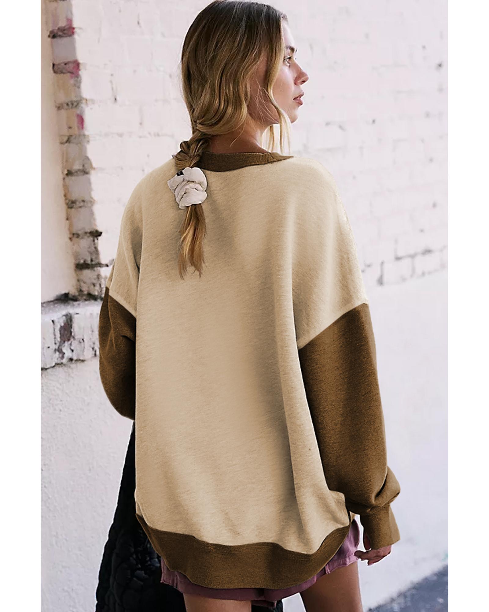 V539-AZEXDC25317325-P18-S-202506130627-00 Apricot Color Block Thumbhole Sleeve Drop Shoulder Sweatshirt - S - Image 1