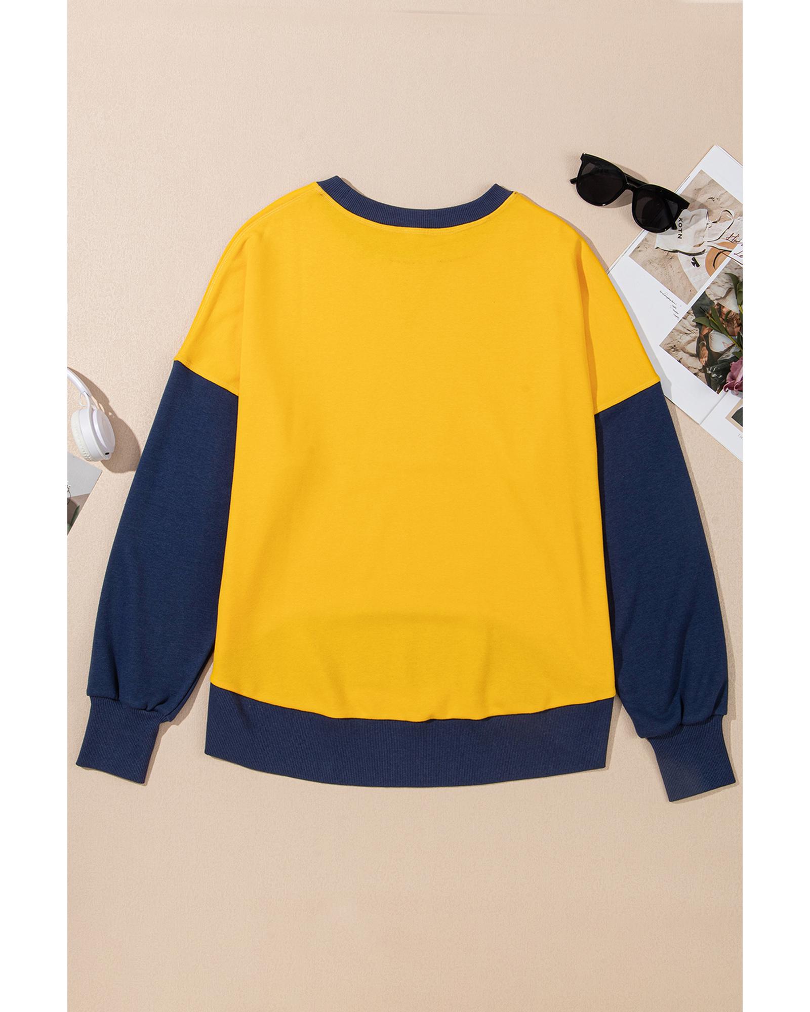 V539-AZEXDC25317325-P7-2XL-202508280525-00 Yellow Color Block Thumbhole Sleeve Drop Shoulder Sweatshirt - 2XL - Image 1