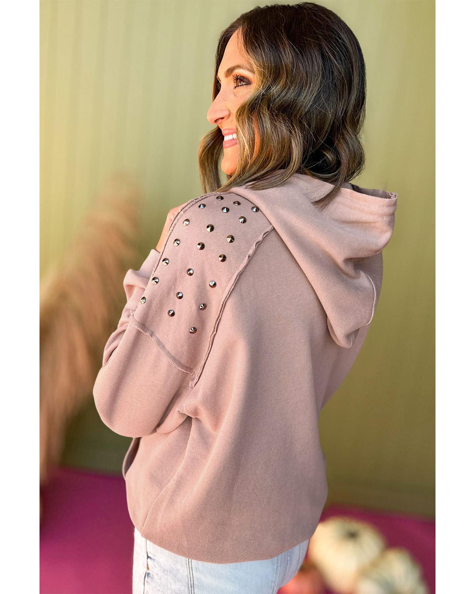 V539-AZEXDC25317332-P1410-M-202508290245-00 Fushia Solid Color Rivet Stud Raglan Sleeve Hoodie with Pocket - M - Image 1