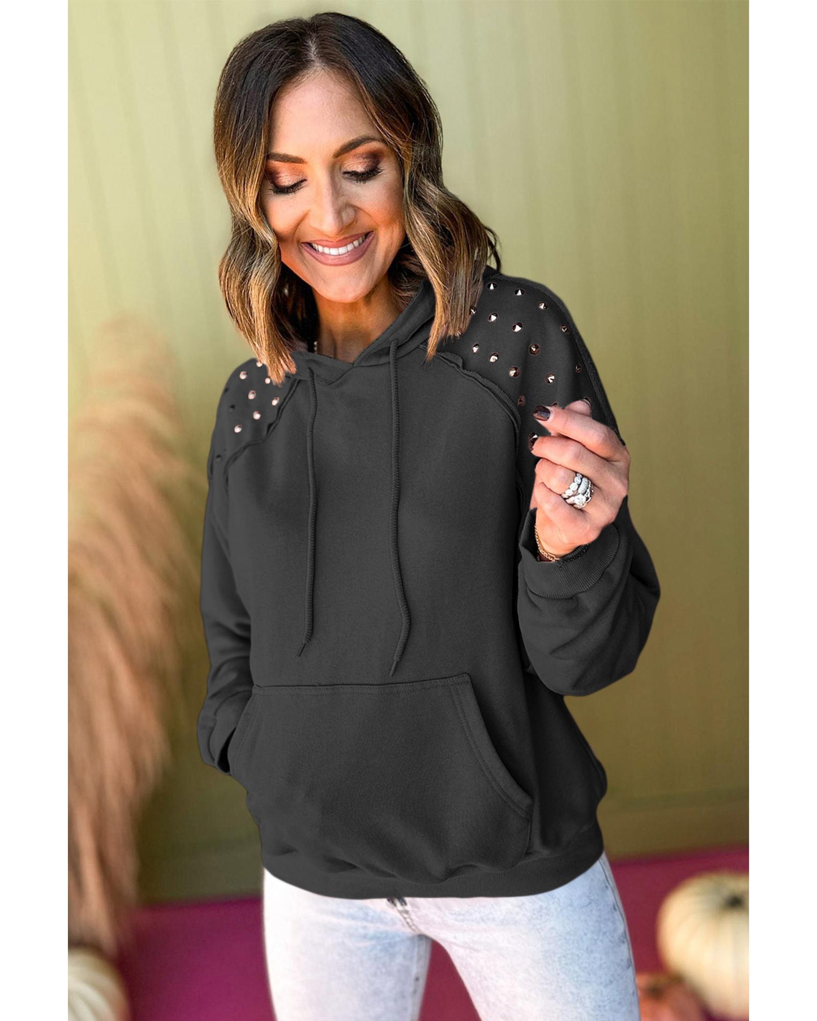 V539-AZEXDC25317332-P2-2XL-202508292140-00 Black Solid Color Rivet Stud Raglan Sleeve Hoodie with Pocket - 2XL - Image 1
