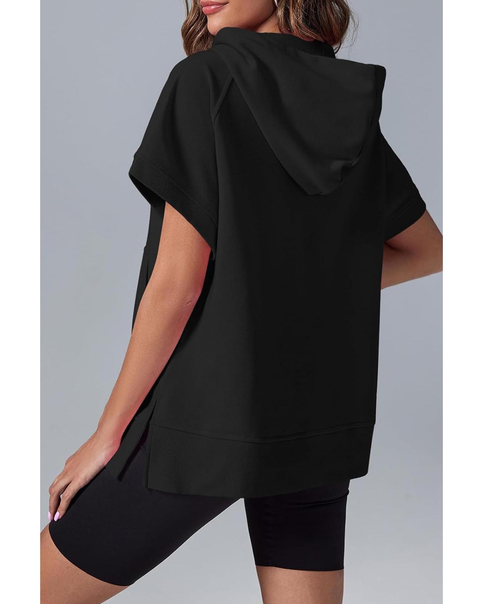 V539-AZEXDC25317361-P2-L-202508282145-00 Black Half Zipper Kangaroo Pocket Short Sleeve Hoodie - L - Image 1