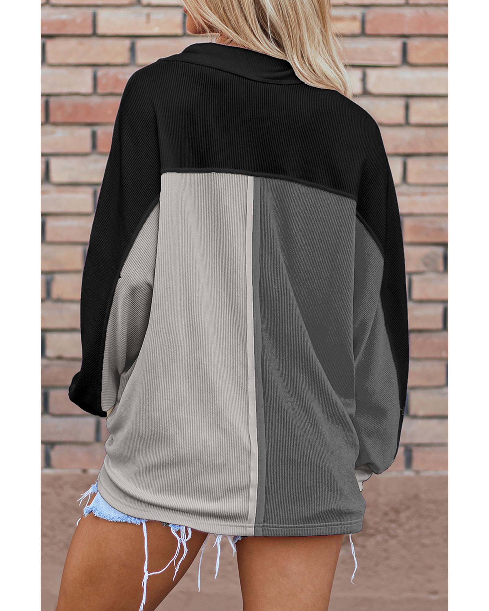 V539-AZEXDC25317366-P11-XL-202508280200-00 Gray Colorblock Ribbed Collared Oversized Sweatshirt - XL - Image 1