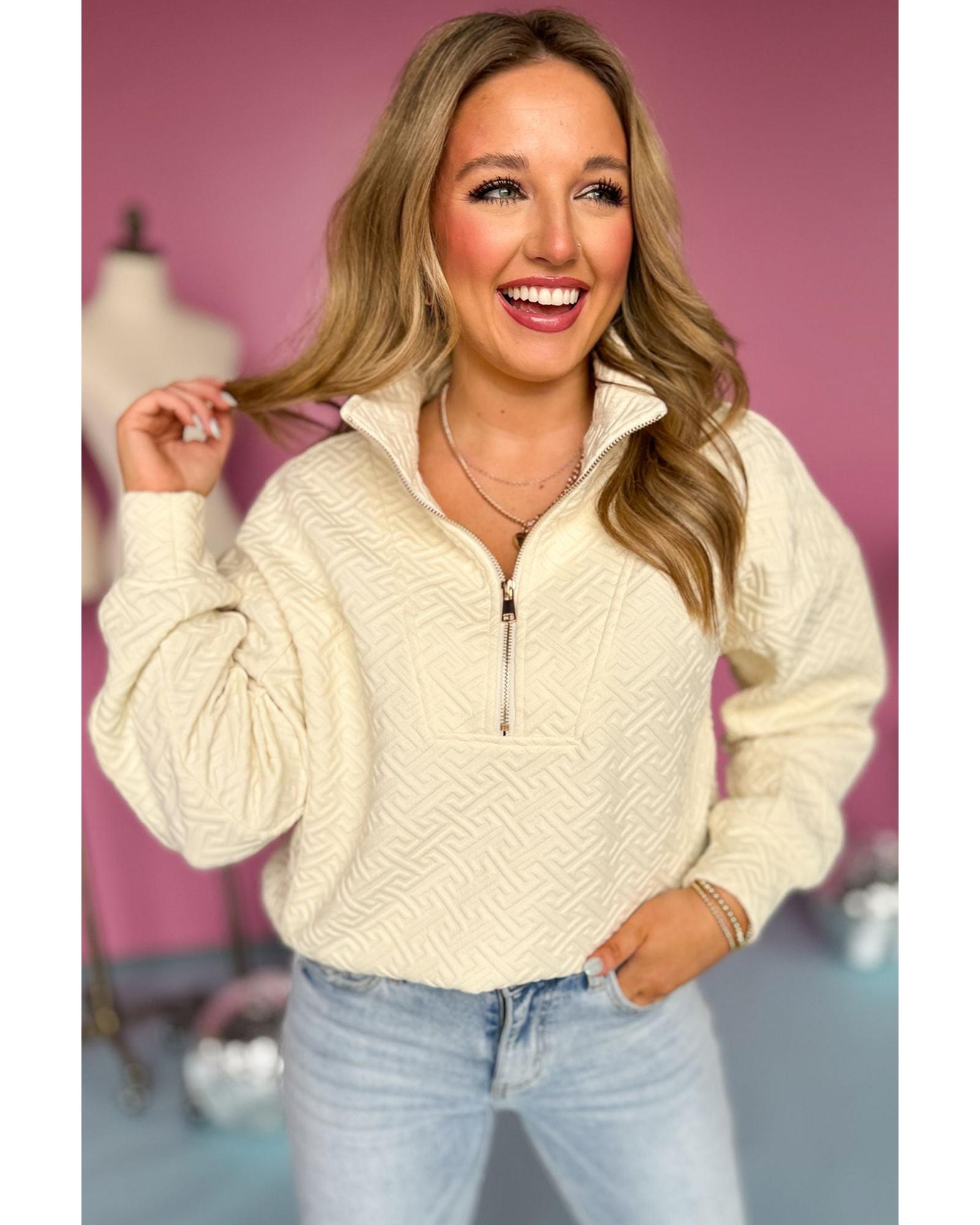 V539-AZEXDC25317399-P15-2XL-202508281035-00 Beige Solid Textured Half Zipper Collared Sweatshirt - 2XL - Image 1