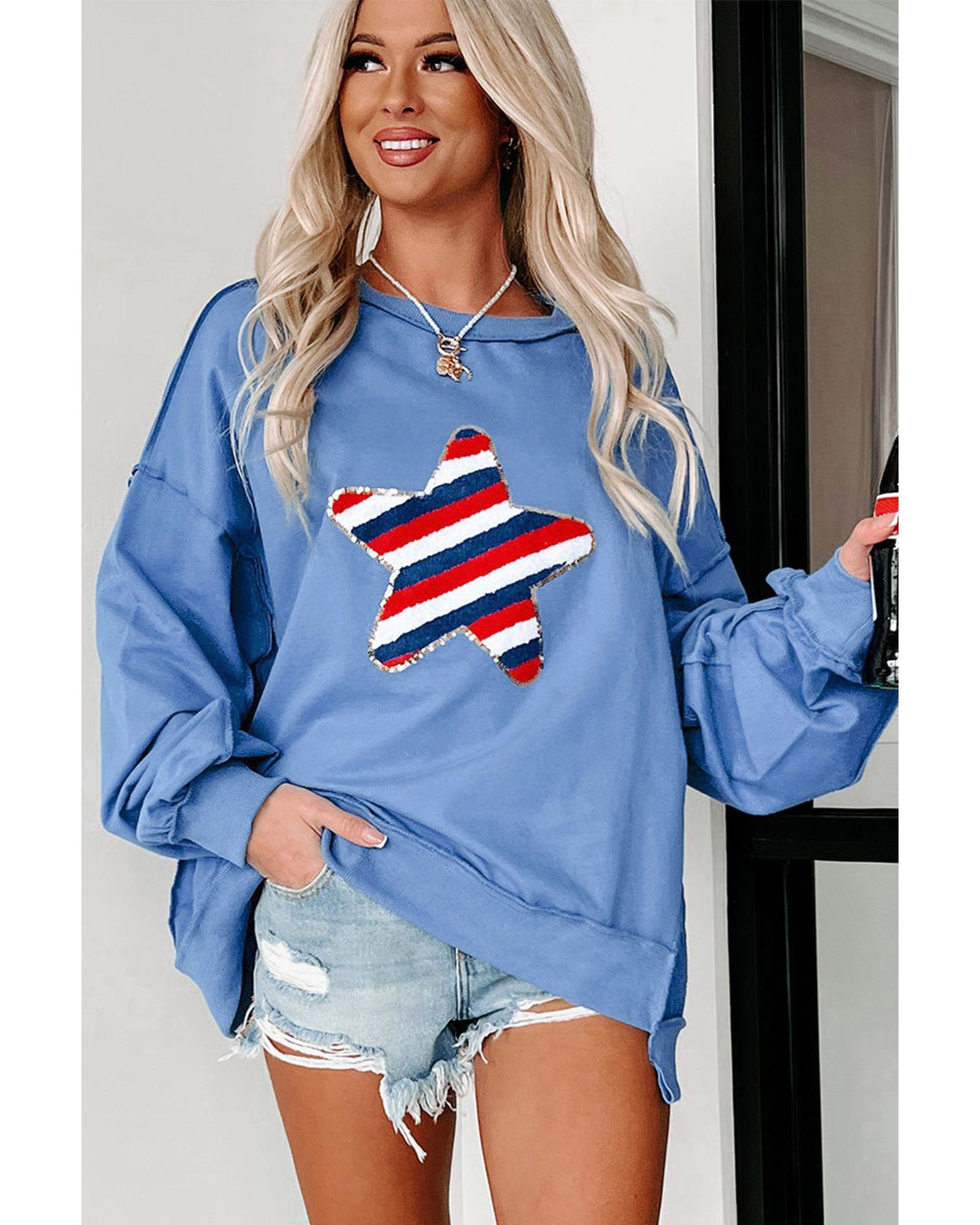 V539-AZEXDC25317414-P205-S-202506130320-00 Sky Blue Sequin Trim Embroidered Star USA Pattern Sweatshirt - S - Image 1