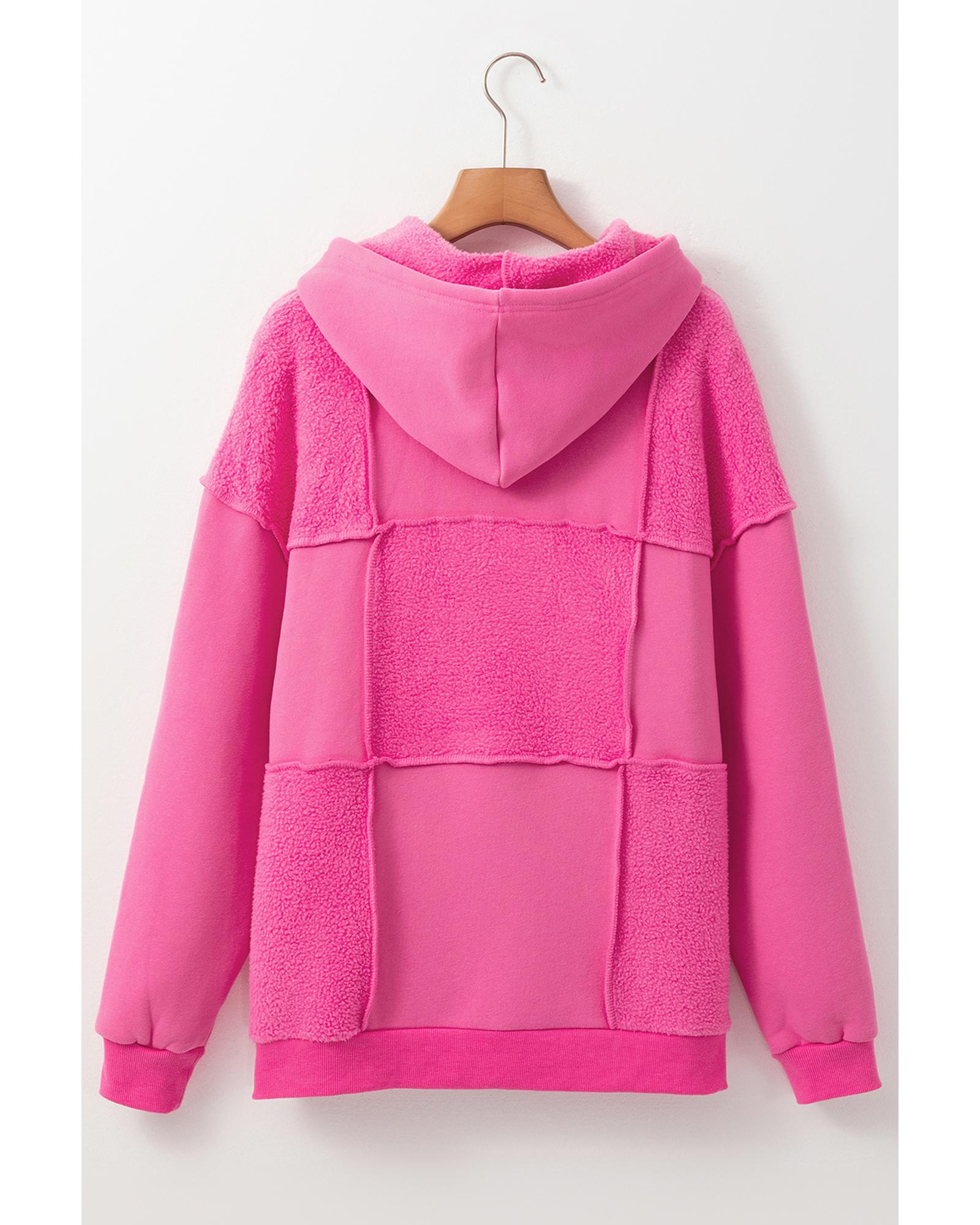 V539-AZEXDC25317417-P206-S-202506130327-00 Pitaya Pink Mineral Wash Terry Patchwork Drawstring Hoodie - S - Image 1