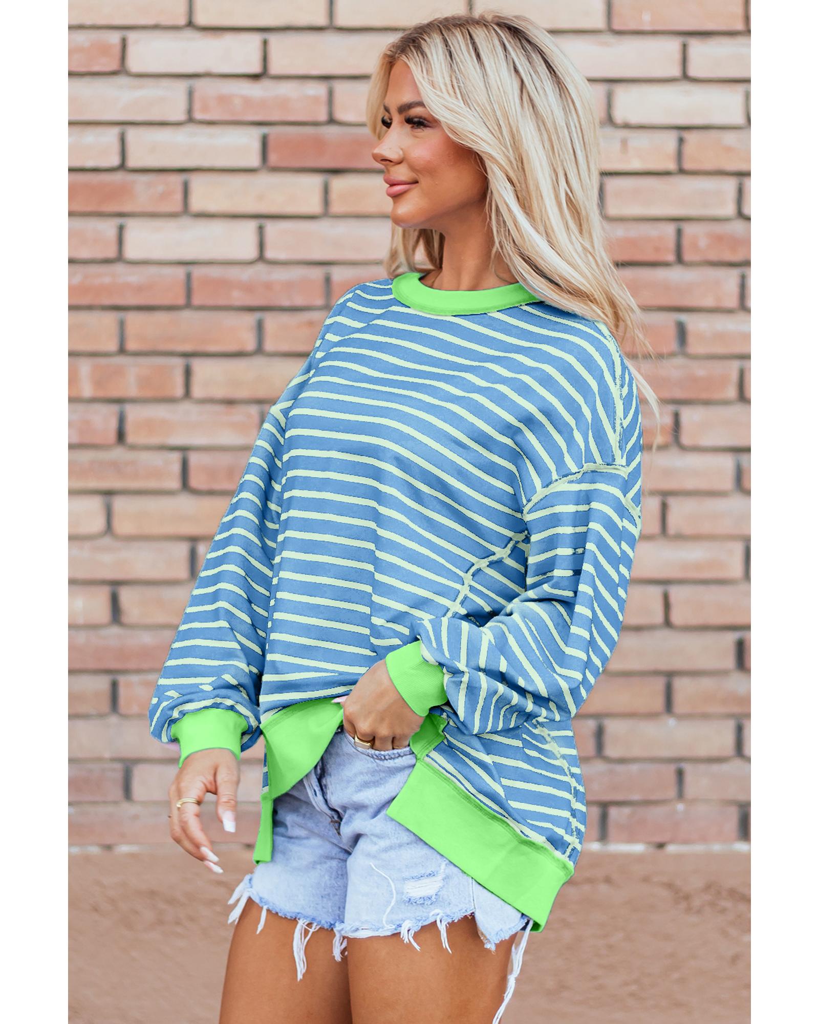 V539-AZEXDC25317435-P419-S-202506130336-00 Sky Blue Stripe Contrast Trim High Low Pullover Tunic Sweatshirt - S - Image 1