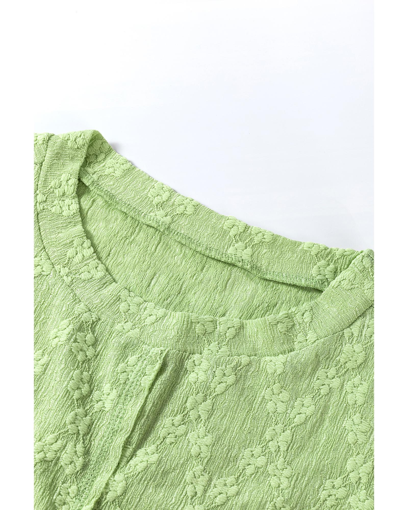 V539-AZEXDC25317437-P809-XL-202508280500-00 Light Green Solid Color Textured Side Split Crew Neck Blouse - XL - Image 1
