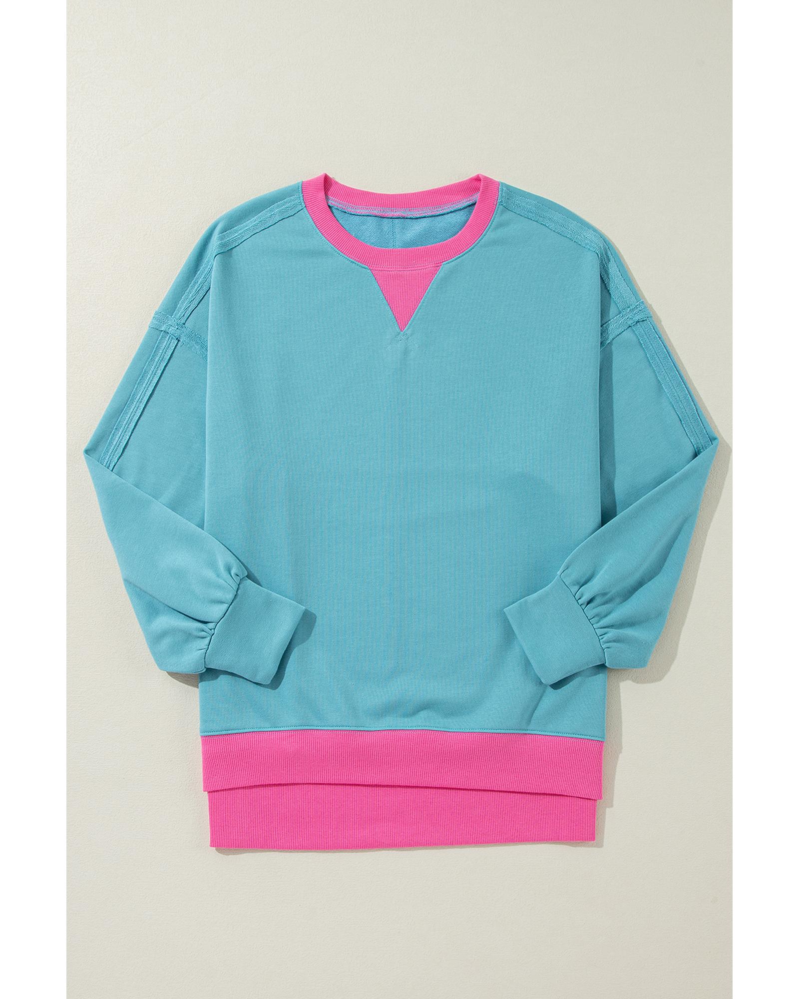V539-AZEXDC25317486-P422-L-202508291950-00 Light Blue Colorblock Patchwork Crew Neck Loose Sweatshirt - L - Image 1