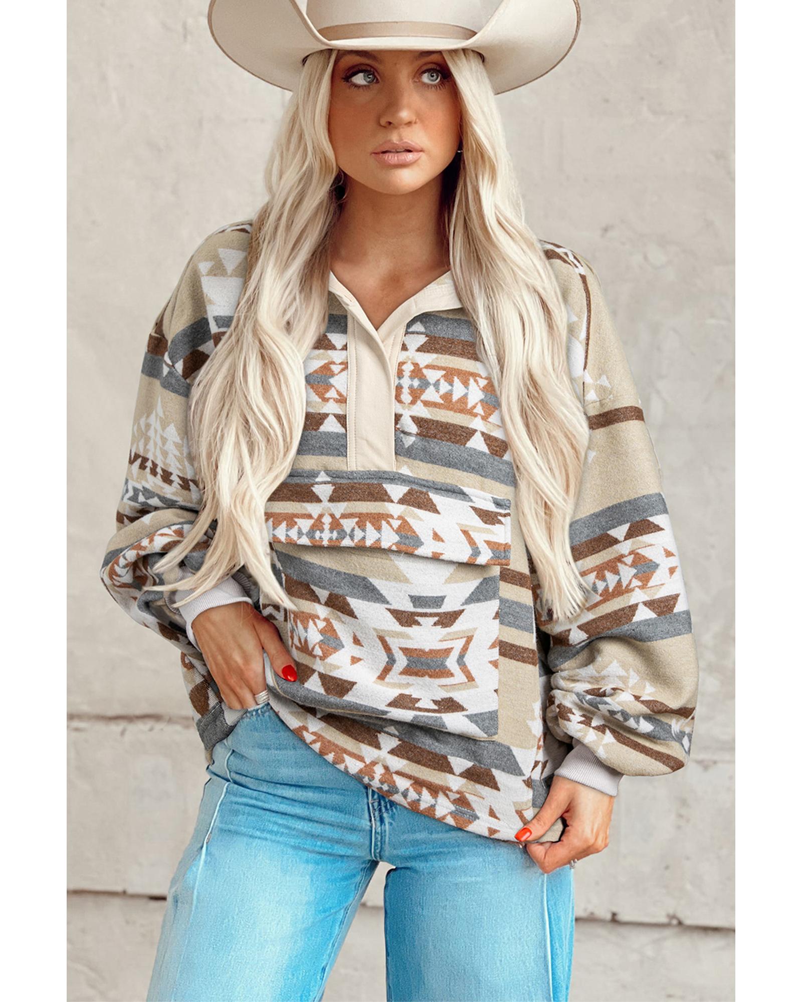 V539-AZEXDC25317491-P1820-2XL-202506130411-00 Apricot Aztec Print Collared Flap Pocket Sweatshirt - 2XL - Image 1