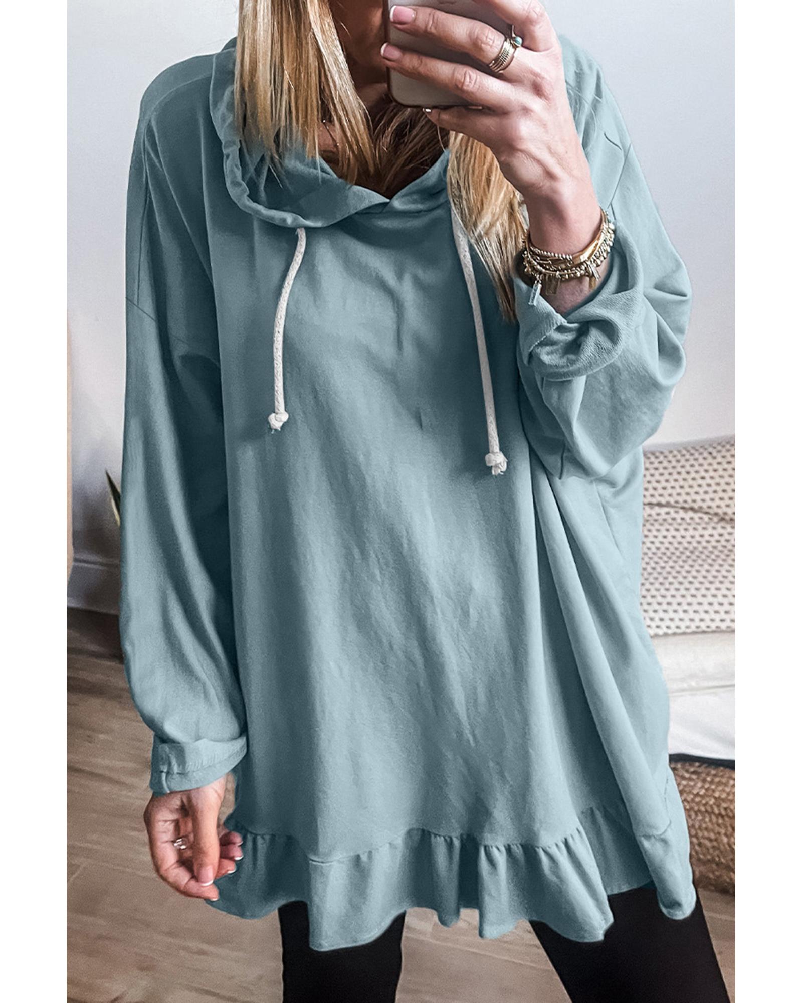 V539-AZEXDC25317506-P104-S-202506130417-00 Iceland Blue Solid Ruffled Hem Loose Fit Tunic Hoodie - S - Image 1
