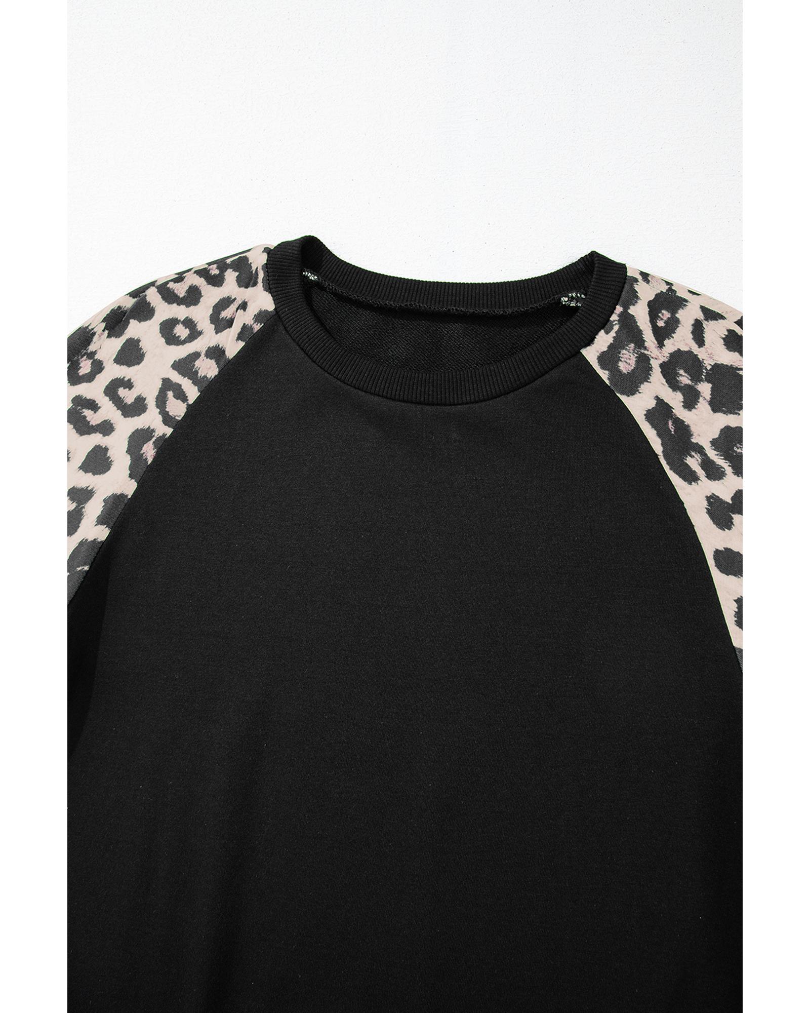 V539-AZEXDC25317513-P2-M-202508300250-00 Black Leopard Print Colorblock Raglan Sleeve Sweatshirt - M - Image 1