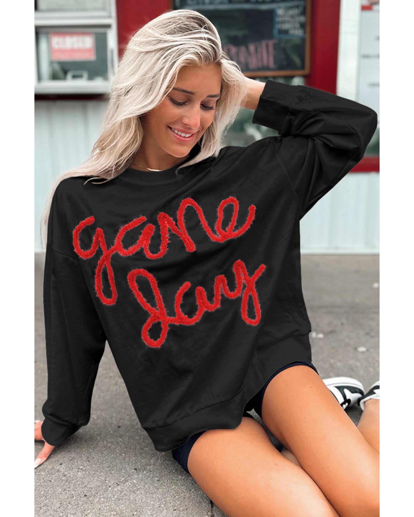 V539-AZEXDC25317536-P2-S-202506130436-00 Black Tinsel Game Day Drop Shoulder Graphic Sweatshirt - S - Image 1