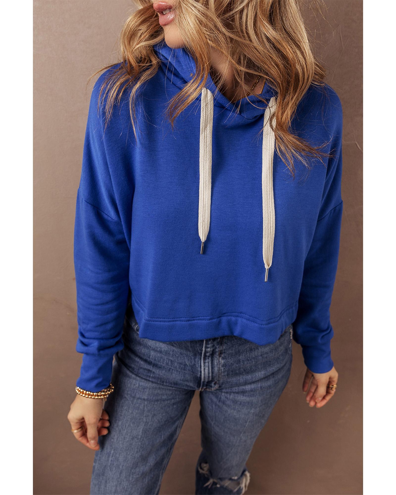 V539-AZEXDC25317540-P5-L-202508300030-00 Dark Blue Solid Drop Shoulder Drawstring Cropped Hoodie - L - Image 1