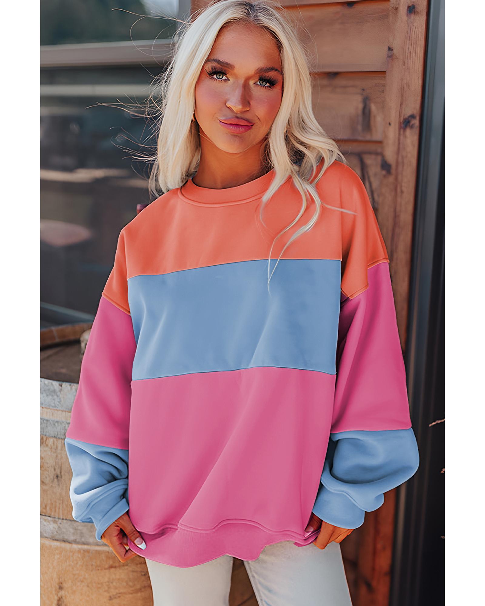 V539-AZEXDC25317584-P106-L-202508270925-00 Bright Pink Colorblock Patchwork Drop Shoulder Sweatshirt - L - Image 1