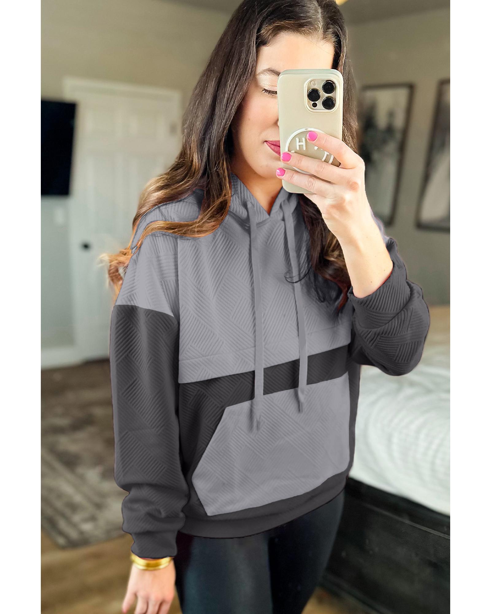 V539-AZEXDC25317609-P11-M-202508280855-00 Gray Textured Color Block Kangaroo Pocket Drop Shoulder Hoodie - M - Image 1