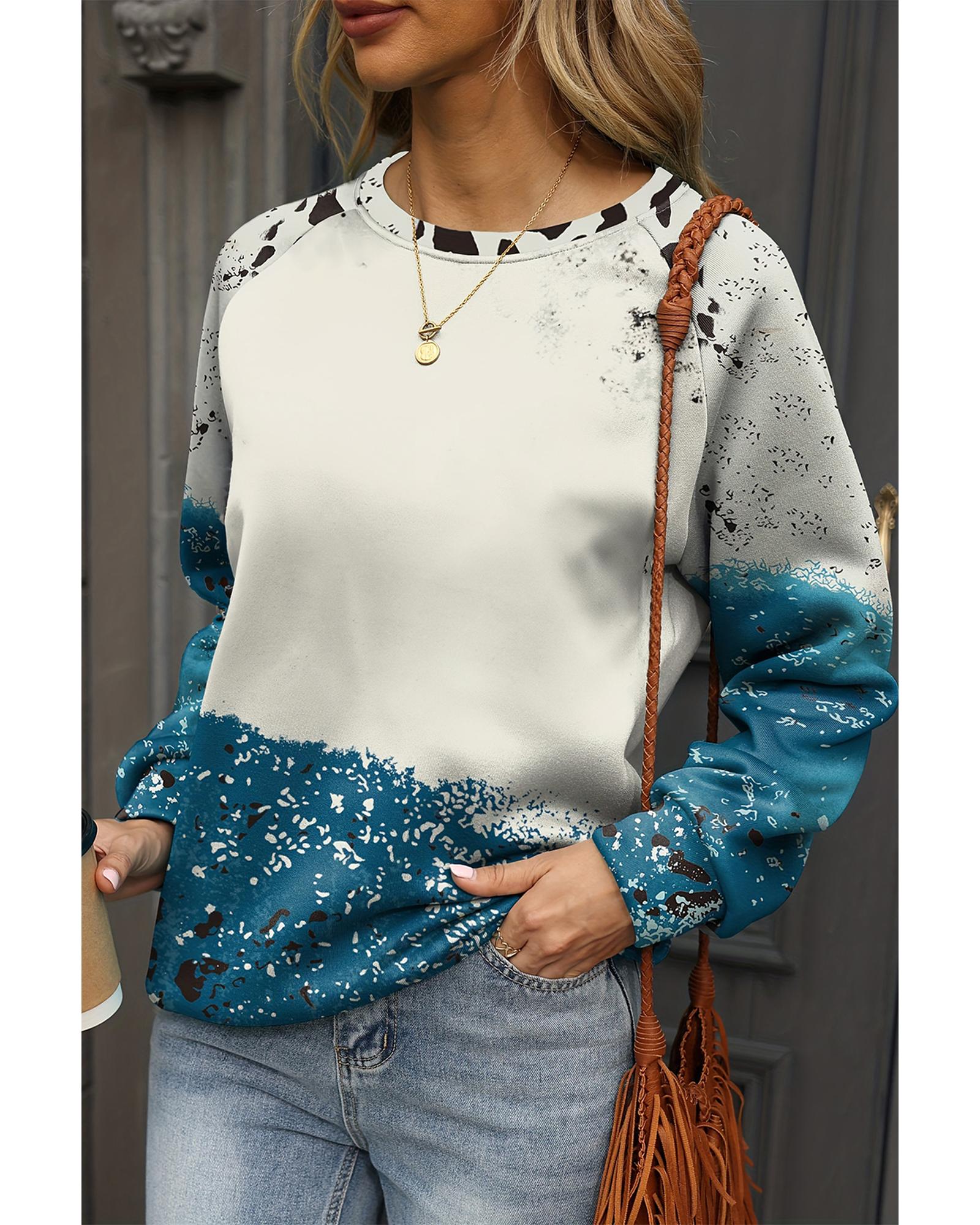 V539-AZEXDC25317632-P520-L-202508291540-00 Blue Tie Dye Cow Color Block Pullover Sweatshirt - L - Image 1