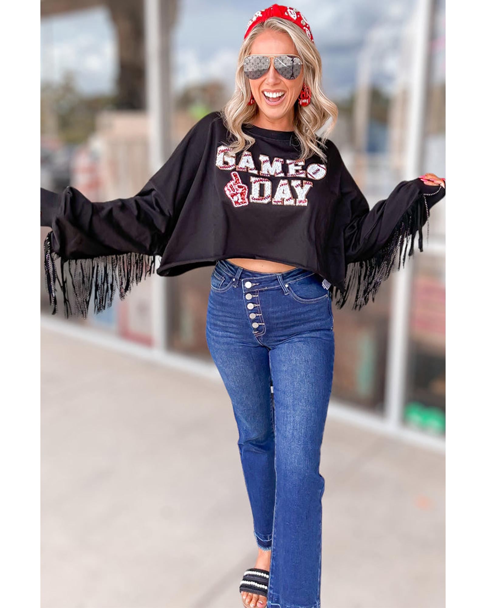 V539-AZEXDC25317640-P2-S-202506130652-00 Black GAME DAY Rugby Sequined Tasseled Cropped Sweatshirt - S - Image 1