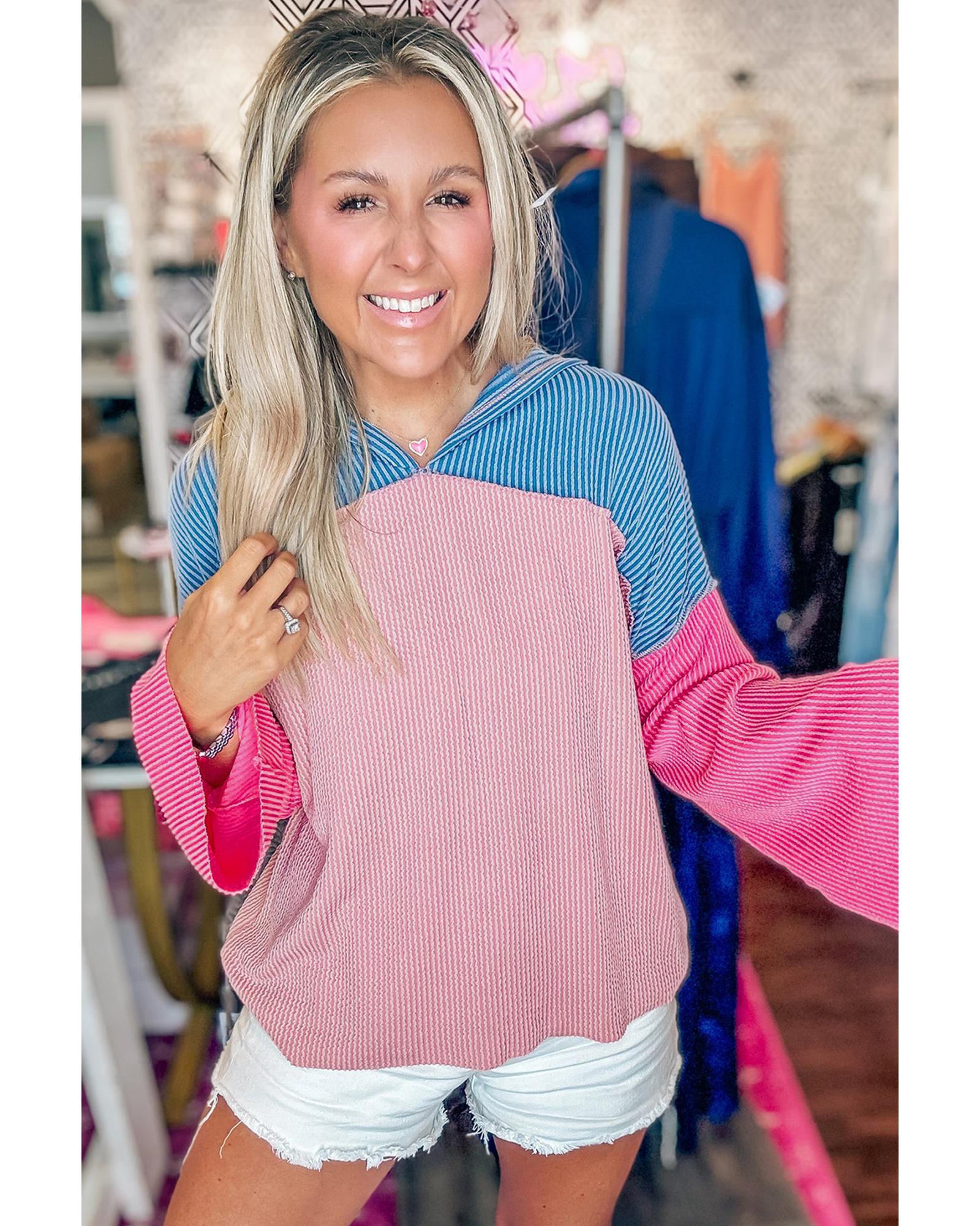 V539-AZEXDC25317723-P1022-S-202506130227-00 Pink Color Block Patchwork Corded Knit Loose Fit Hooded Blouse - S - Image 1