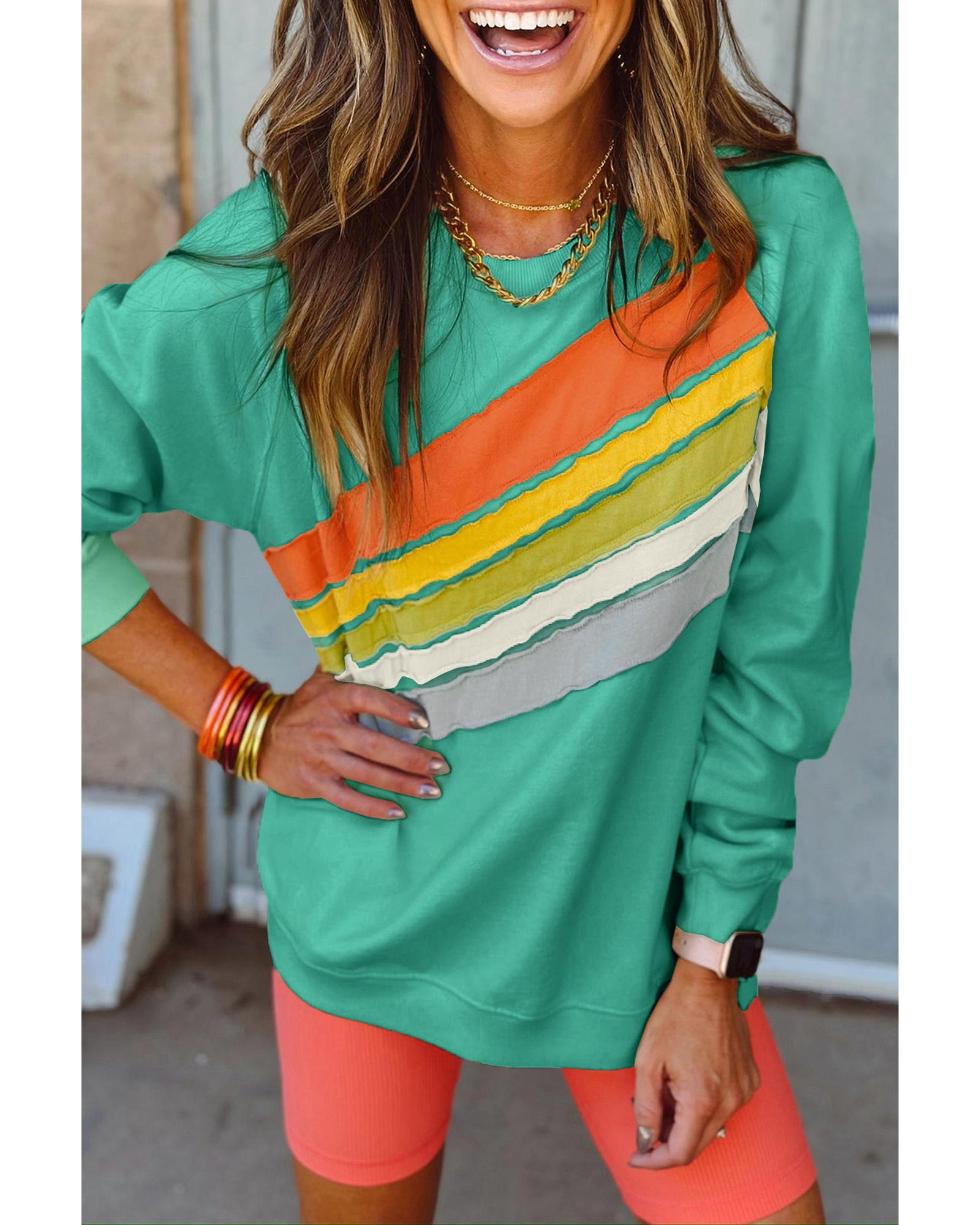 V539-AZEXDC25317732-P1009-S-202506130241-00 Mint Green Rainbow Colorblock Striped Pullover Sweatshirt - S - Image 1