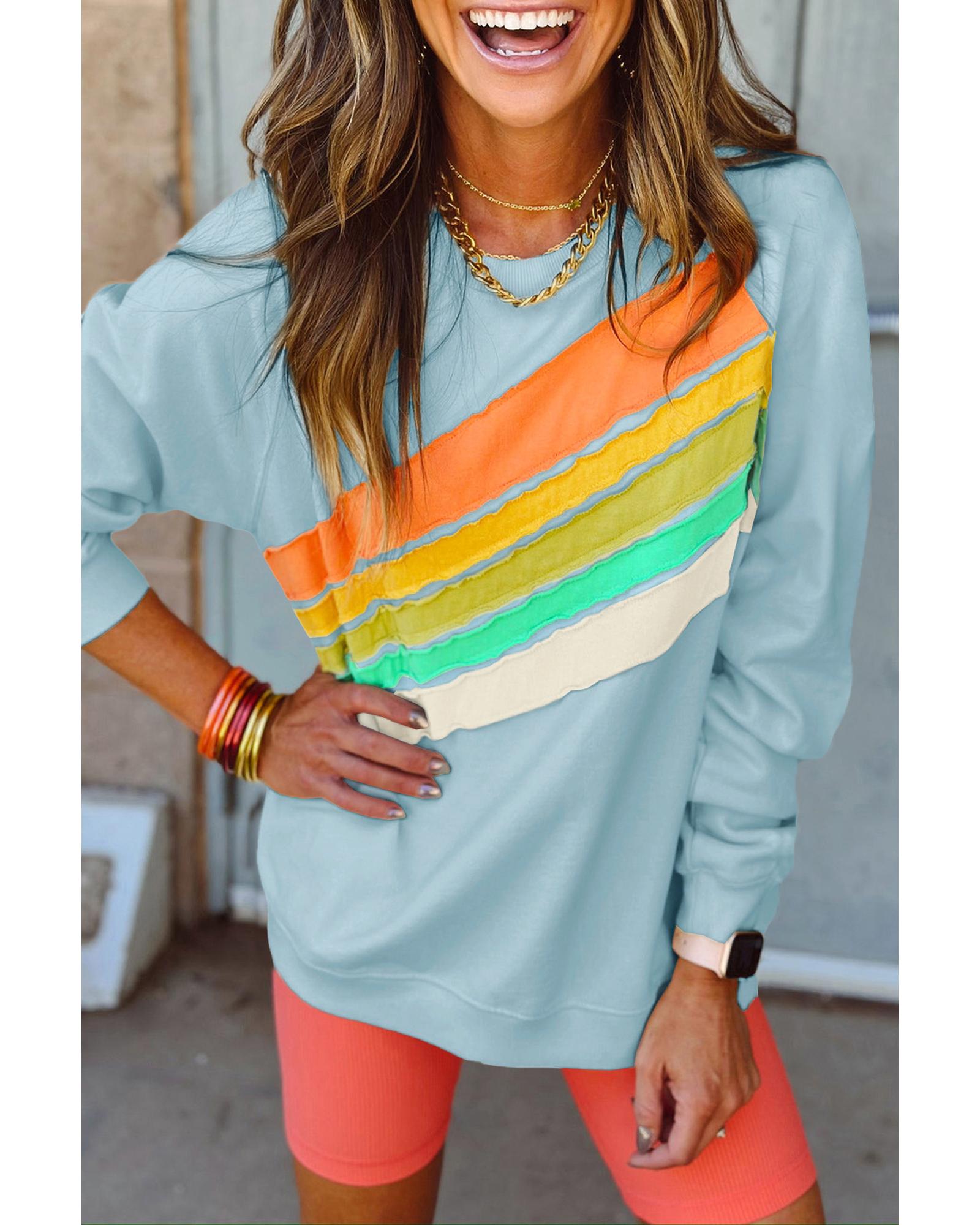 V539-AZEXDC25317732-P804-L-202508300430-00 Beau Blue Rainbow Colorblock Striped Pullover Sweatshirt - L - Image 1