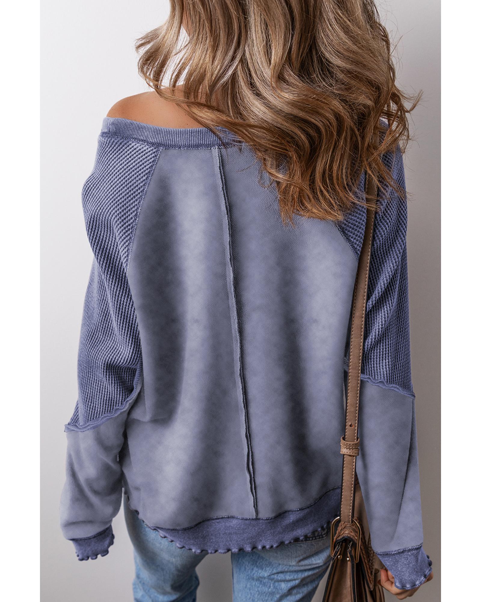 V539-AZEXDC25317848-P905-2XL-202506130527-00 Sail Blue Solid Waffle Knit Patchwork Raglan Sleeve Sweatshirt - 2XL - Image 1