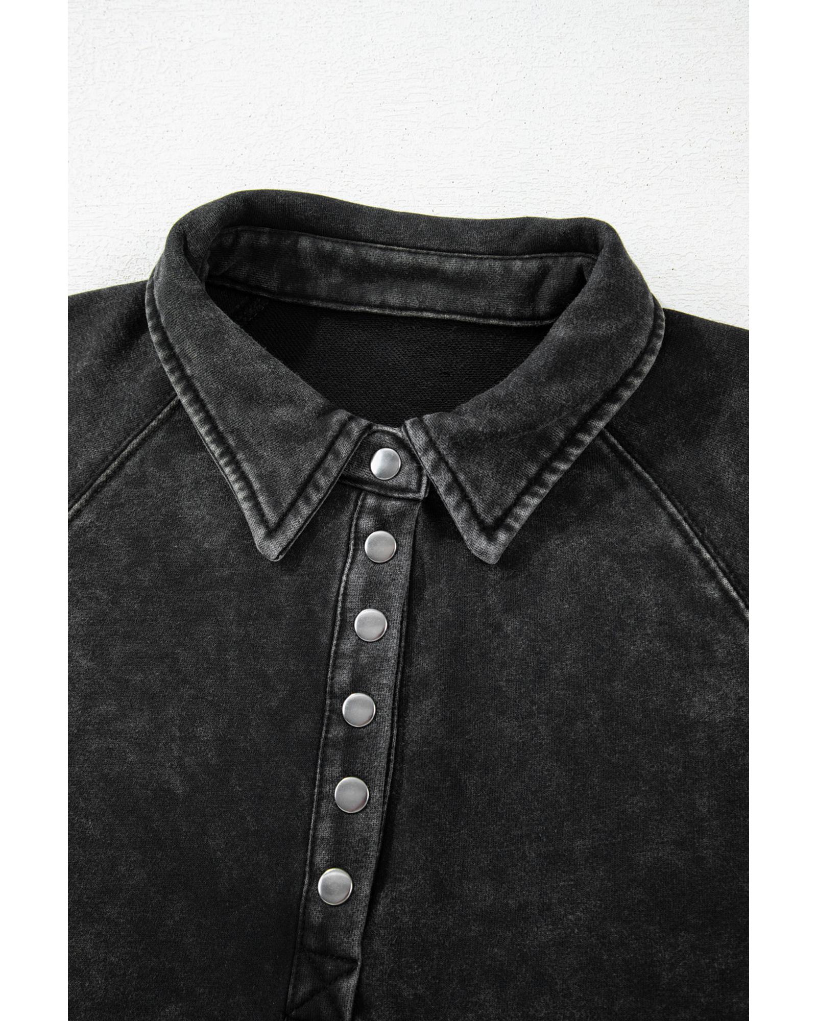 V539-AZEXDC25317887-2-2XL-202508271006-00 Black Solid Snap Buttons Collared Balloon Sleeve Oversized Sweatshirt - 2XL - Image 1