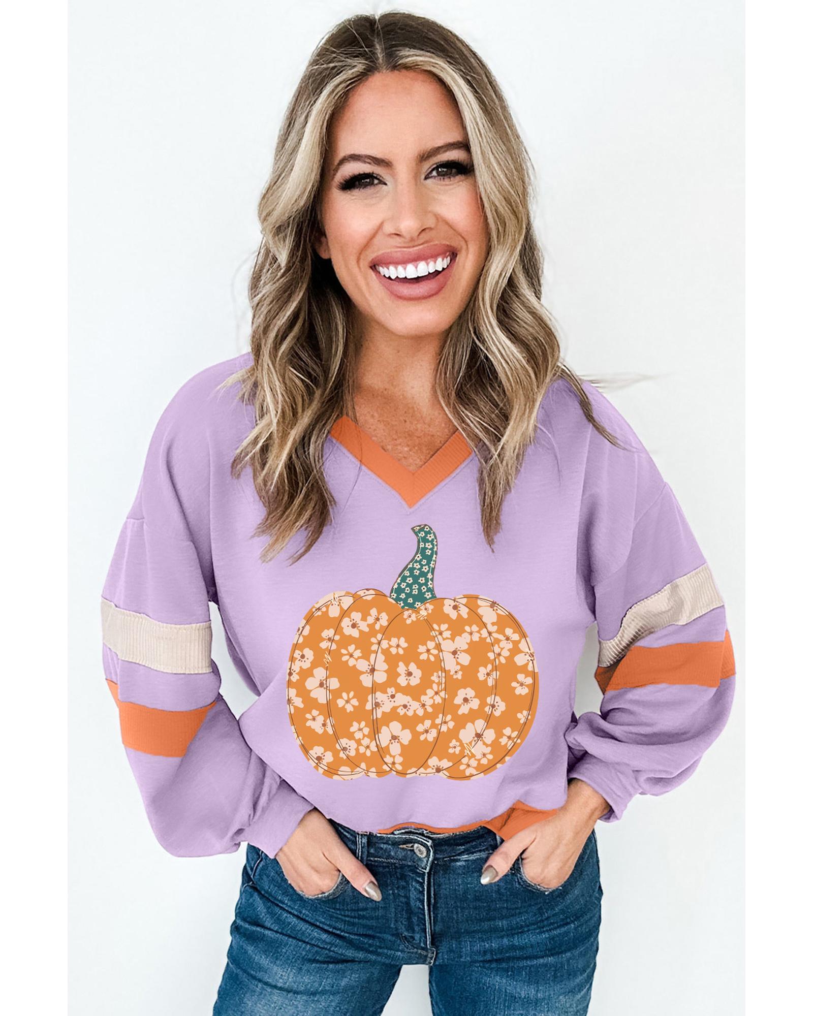 V539-AZEXDC25317900-P808-S-202506130621-00 Orchid Bouquet Halloween Floral Pumpkin Color Block V Neck Sweatshirt - S - Image 1