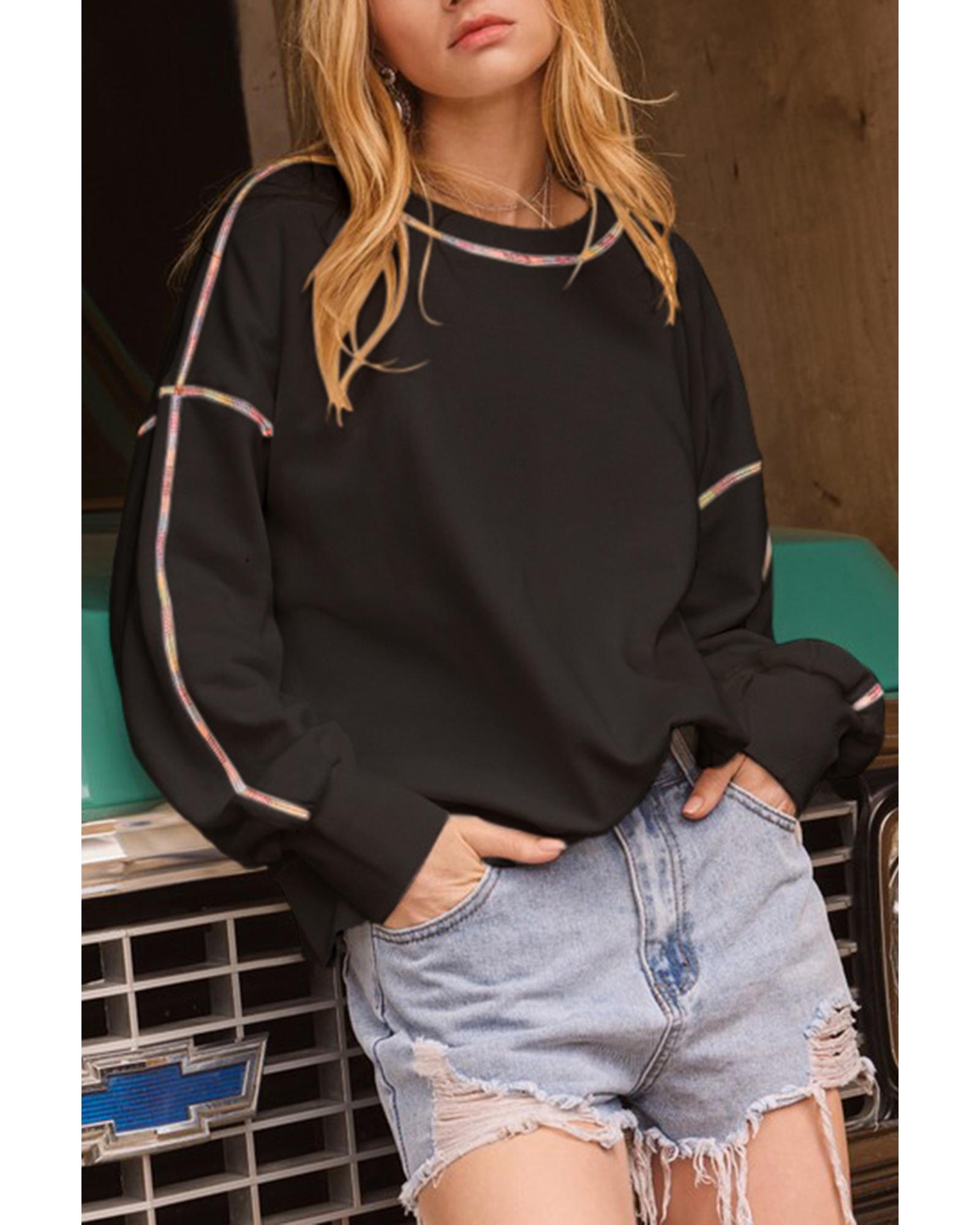 V539-AZEXDC25317951-P2-L-202508300650-00 Black Contrast Rainbow Trim Drop Shoulder Pullover Sweatshirt - L - Image 1