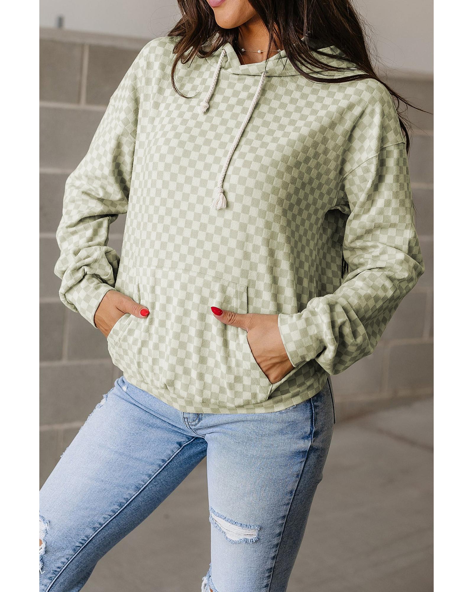 V539-AZEXDC25317952-P920-XL-202508291930-00 Green Checkered Print Kangaroo Pocket Drawstring Hoodie - XL - Image 1