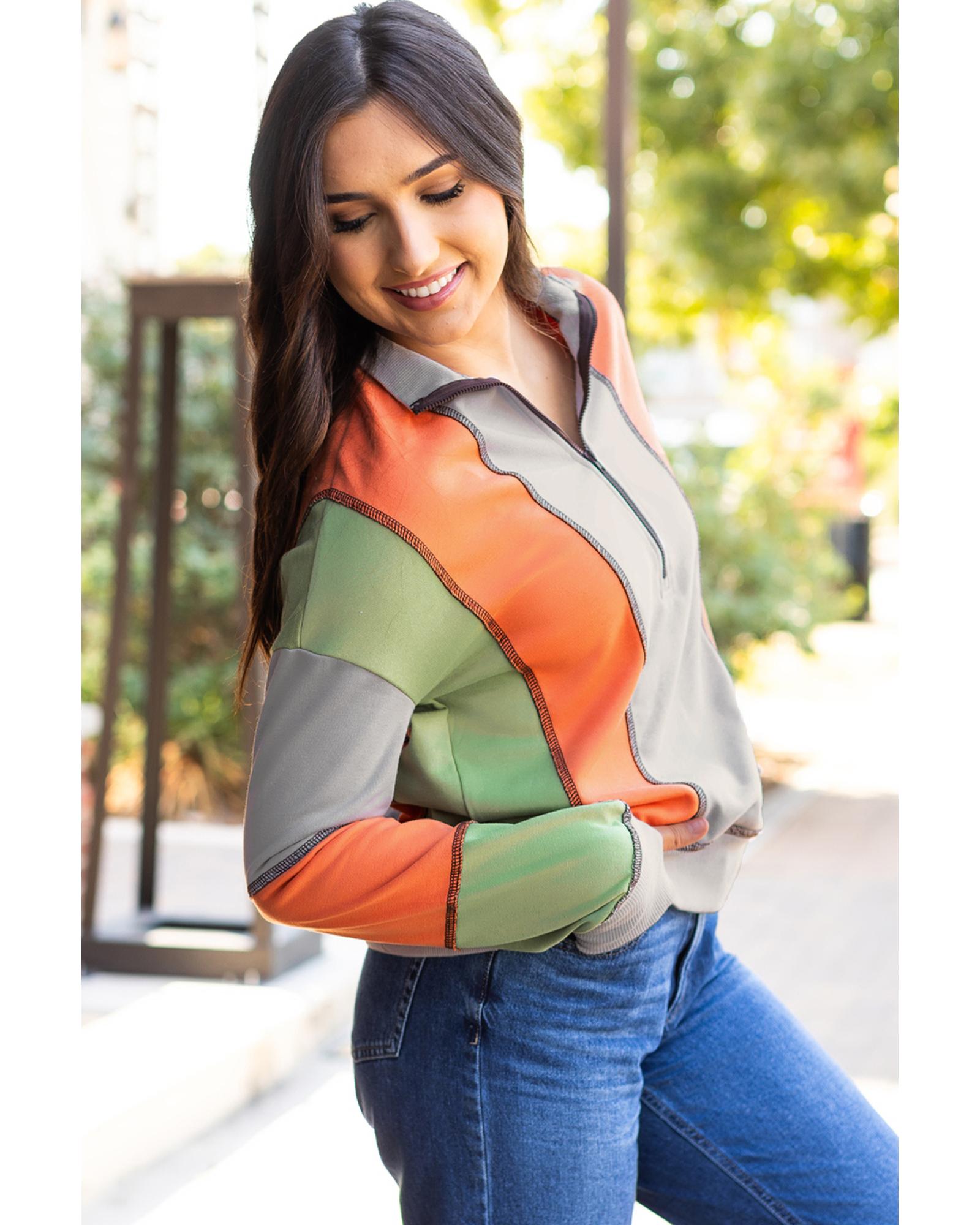 V539-AZEXDC25318148-P1011-3XL-202508280810-00 Light Grey Color Block Stitching Detail Half Zipper Sweatshirt - 3XL - Image 1