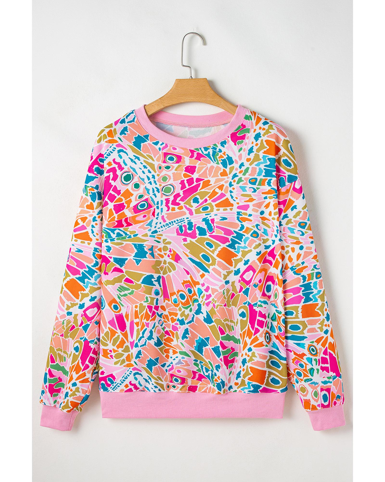 V539-AZEXDC25318152-P1020-S-202506130216-00 Pink Abstract Printed Drop Shoulder Loose Sweatshirt - S - Image 1