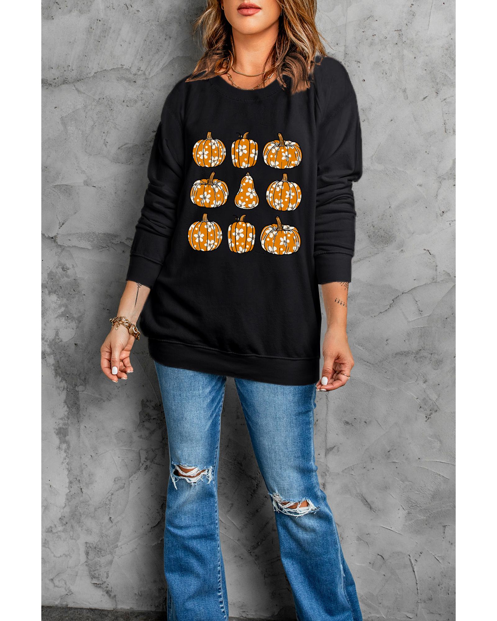 V539-AZEXDC25318157-2-XL-202508280525-00 Black Floral Pumpkin Graphic Round Neck Halloween Sweatshirt - XL - Image 1