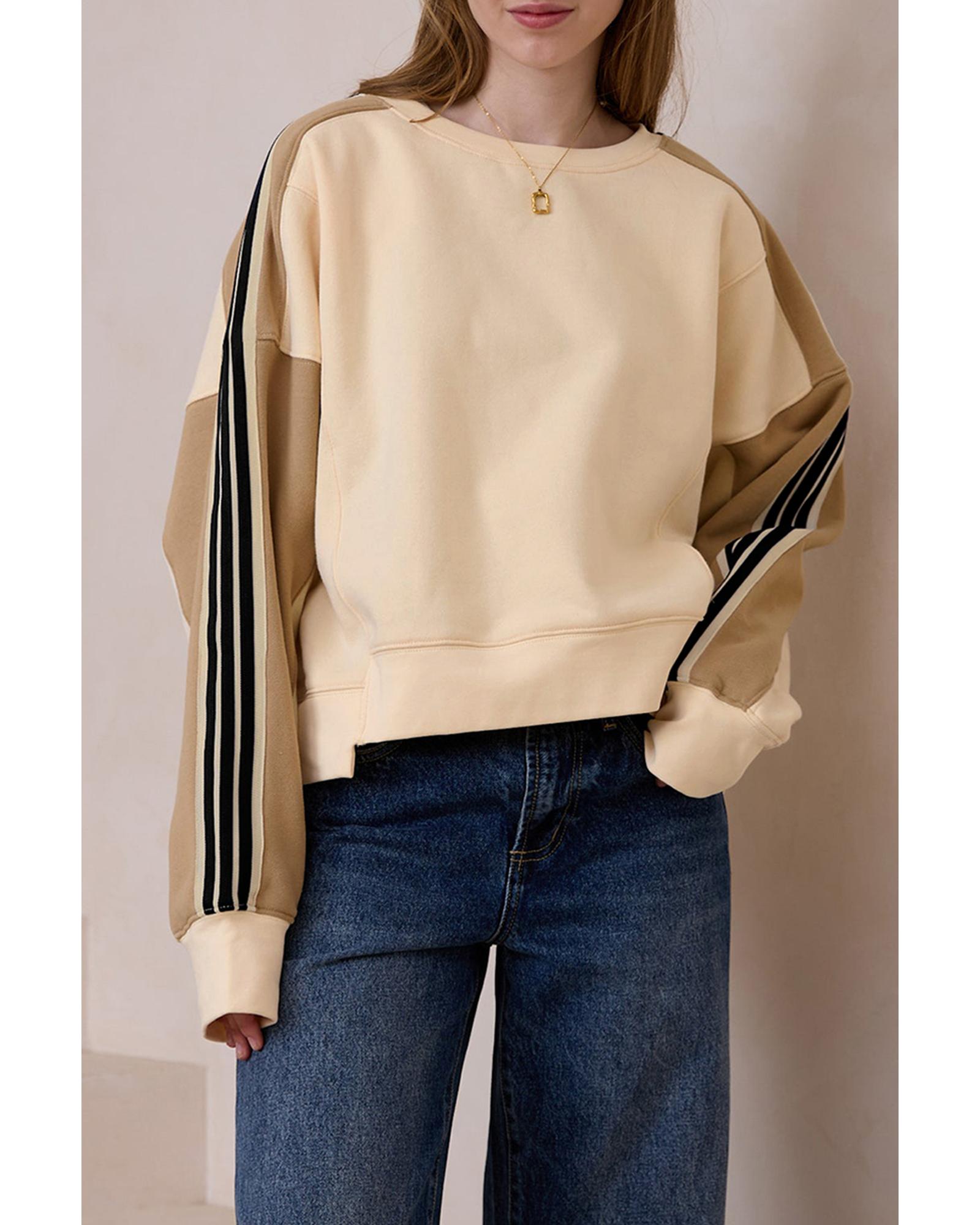 V539-AZEXDC25318183-P15-M-202508292040-00 Beige Contrast Striped Patchwork Drop Shoulder Loose Sweatshirt - M - Image 1