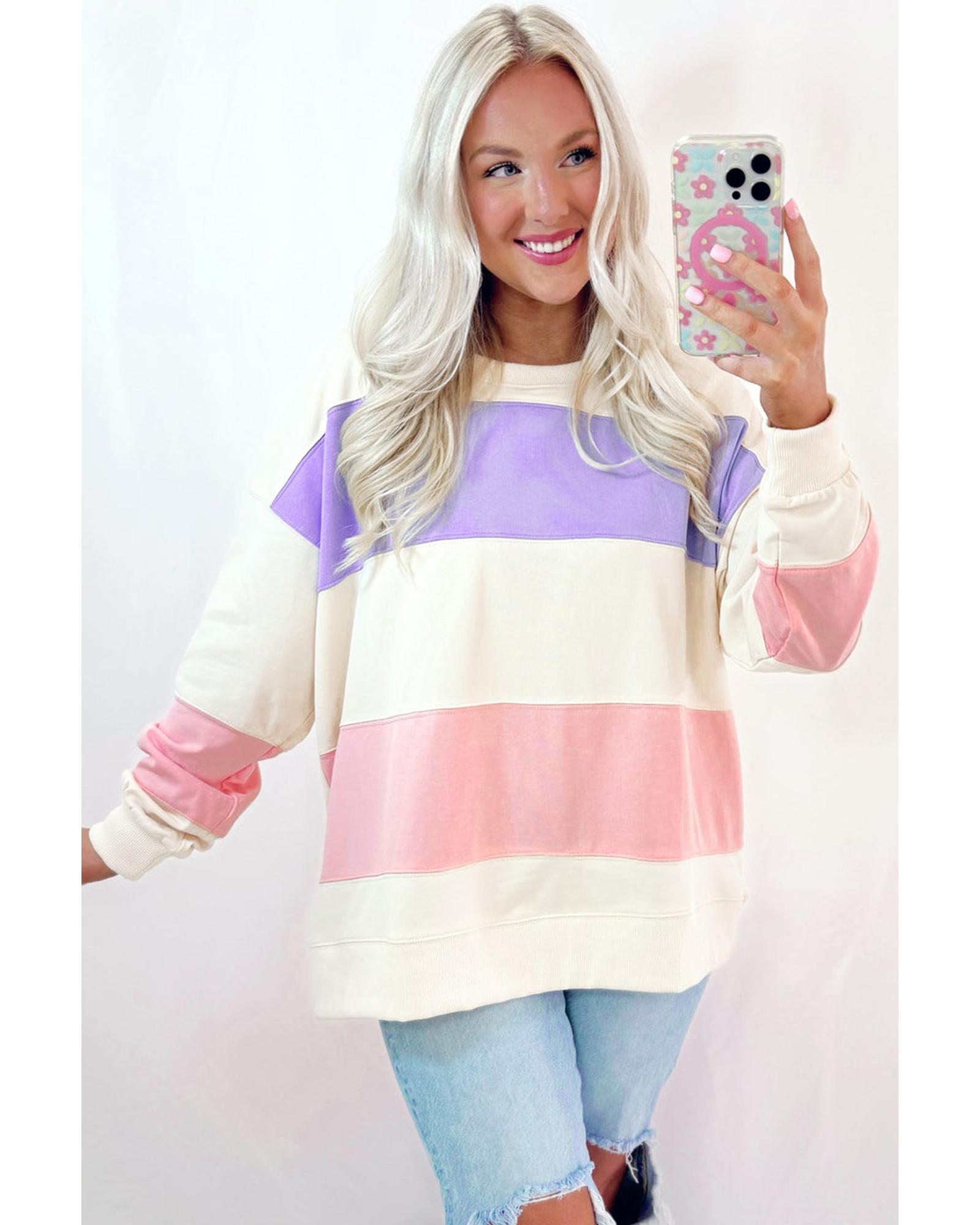 V539-AZEXDC25318248-P1522-XL-202508291620-00 Beige Colorblock Patchwork Drop Shoulder Crewneck Sweatshirt - XL - Image 1