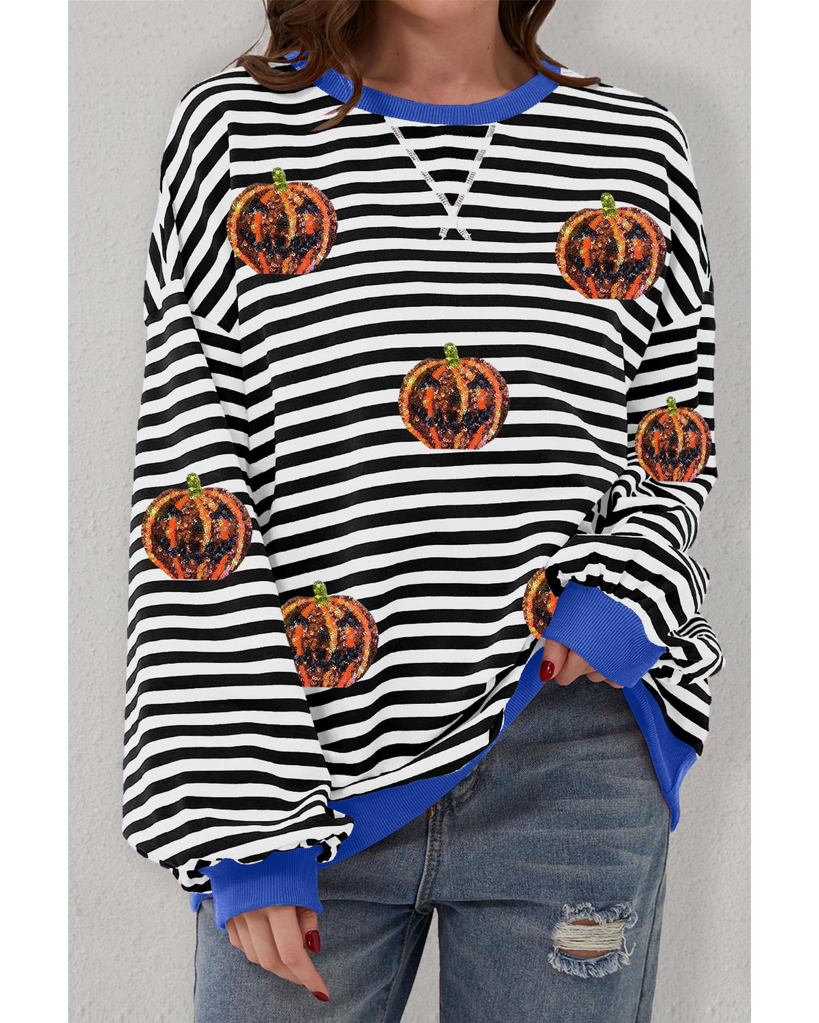 V539-AZEXDC25318296-P219-L-202508292000-00 Black Stripe Funny Halloween Pumpkin Face Pattern Oversize Sweatshirt - L - Image 1