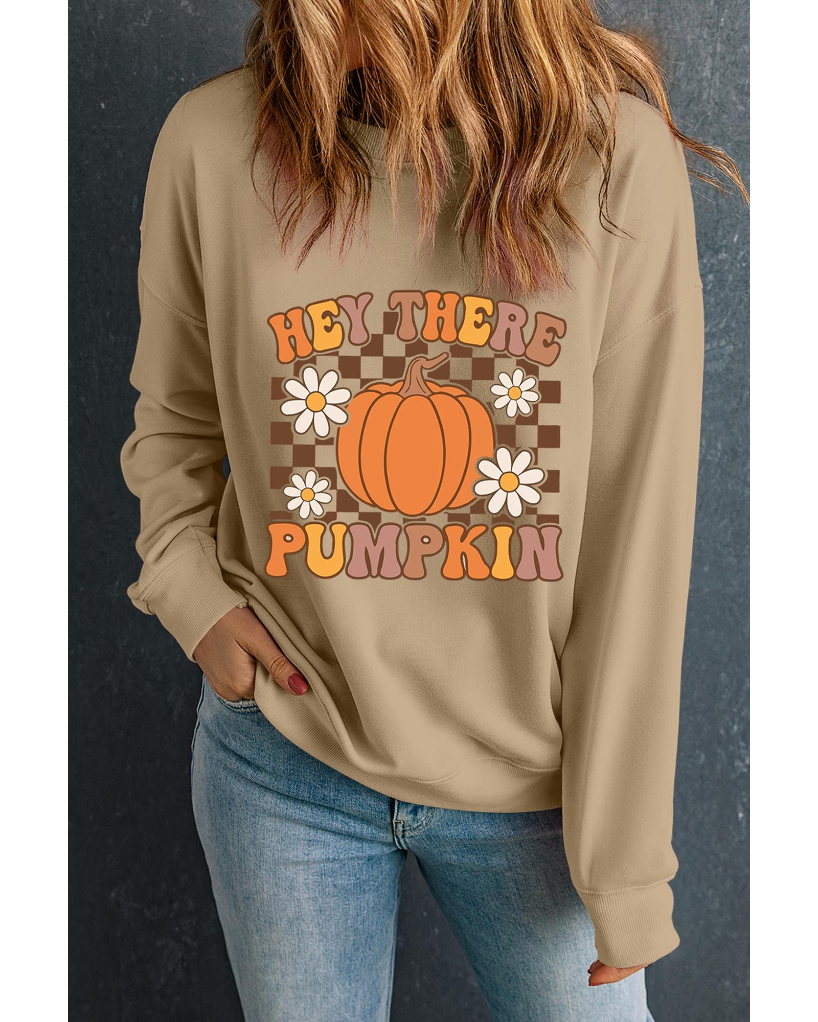 V539-AZEXDC25318348-16-M-202508281625-00 Khaki Floral Checkered Pumpkin Graphic Drop Shoulder Thanksgiving Sweatshirt - M - Image 1