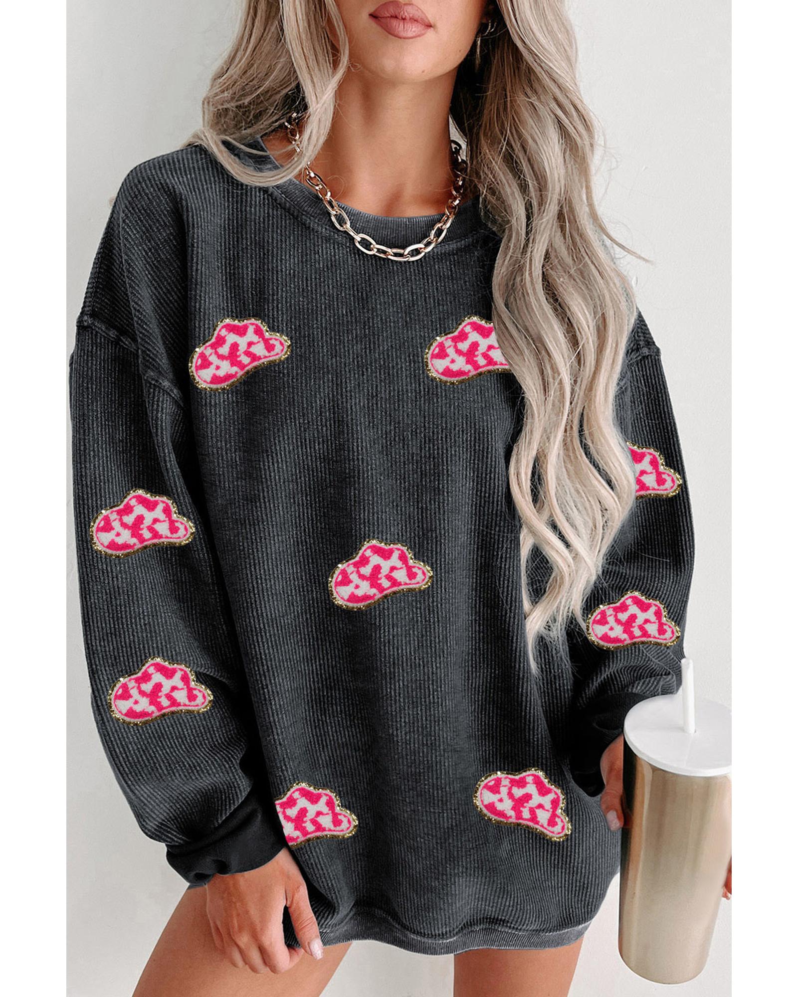 V539-AZEXDC25318349-2-S-202506130354-00 Black Glittering Cowboy Hat Patched Corded Pullover Sweatshirt - S - Image 1