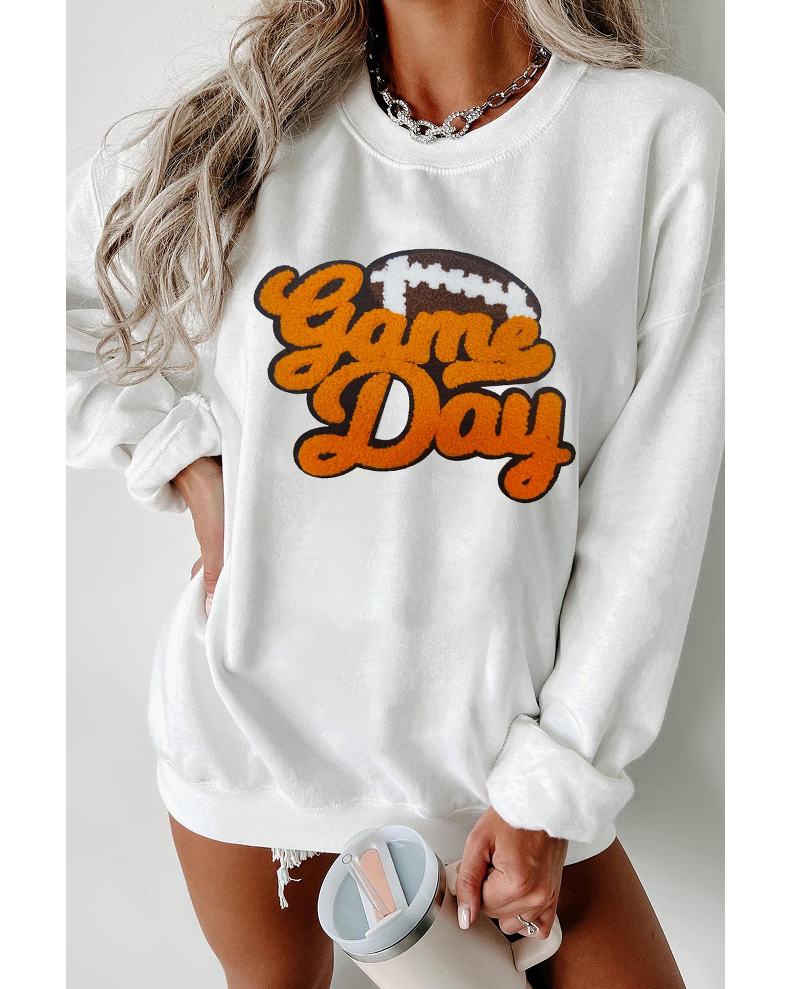 V539-AZEXDC25318350-P1-L-202508300300-00 White Chenille Game Day Rugby Football Pattern Pullover Sweatshirt - L - Image 1