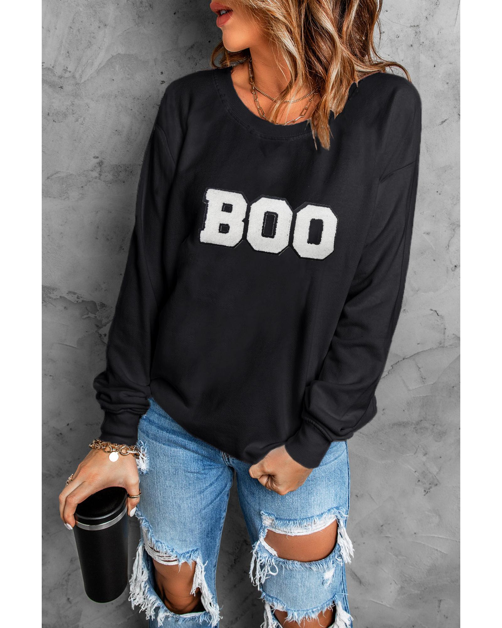 V539-AZEXDC25318352-2-XL-202508281625-00 Black Chenille BOO Patched Pattern Crewneck Halloween Sweatshirt - XL - Image 1