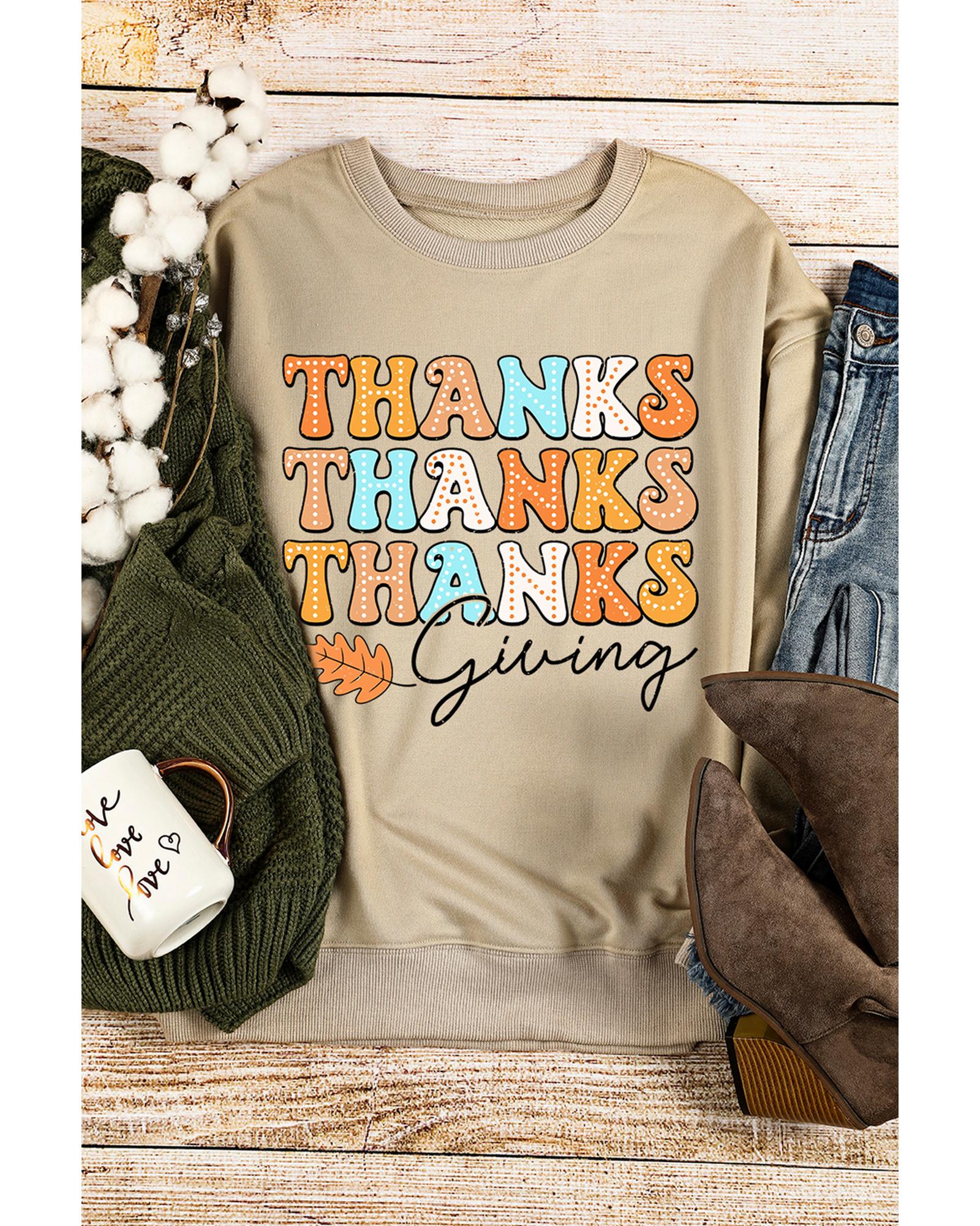 V539-AZEXDC25318430-16-M-202508300115-00 Khaki THANKS giving Leaves Printed Drop Shoulder Sweatshirt - M - Image 1
