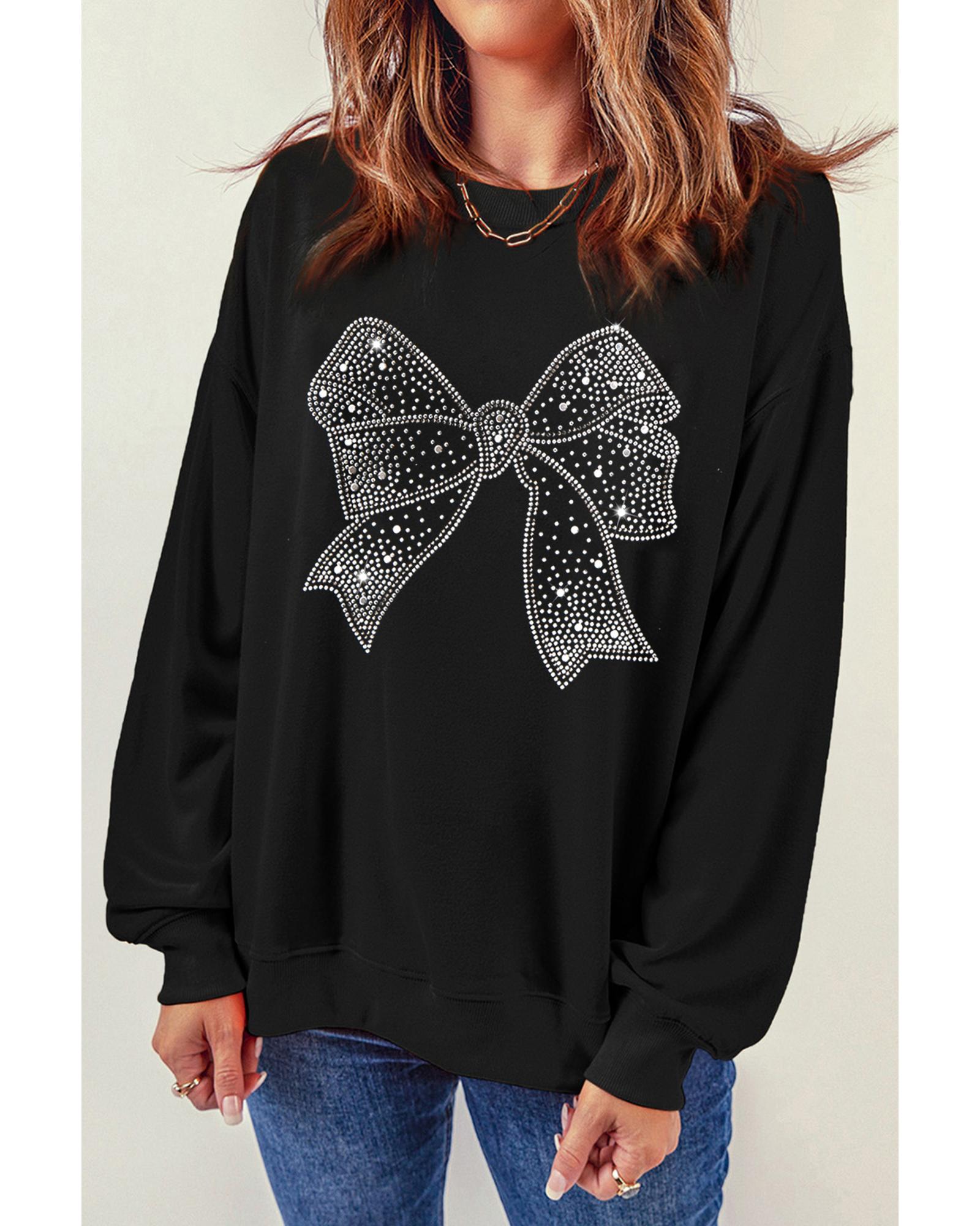 V539-AZEXDC25318466-2-S-202506131125-00 Black Rhinestone Bowknot Graphic Crewneck Pullover Sweatshirt - S - Image 1