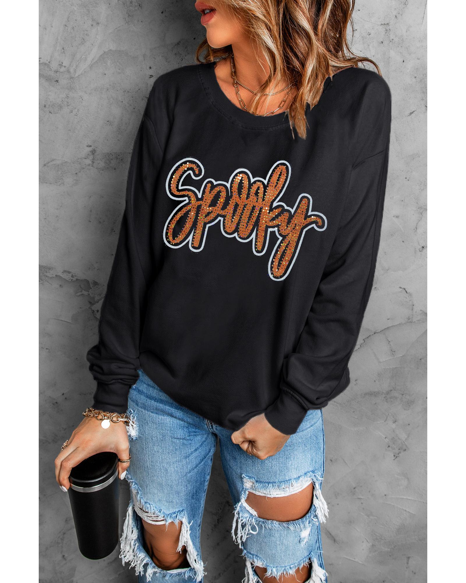 V539-AZEXDC25318577-2-S-202506131147-00 Black Spooky Rhinestone Drop Shoulder Graphic Sweatshirt - S - Image 1